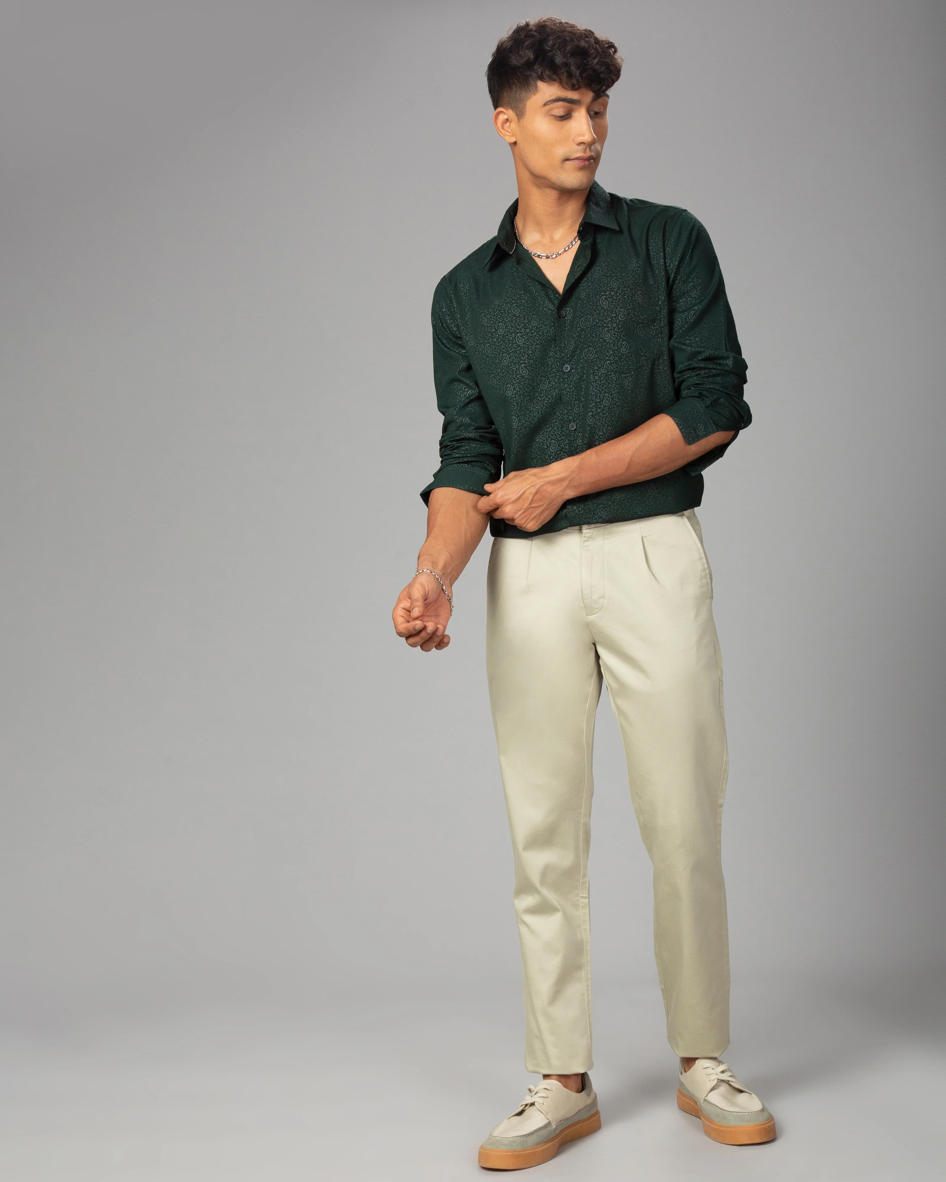 Men Olive Cotton Slim Shirt - Image 7