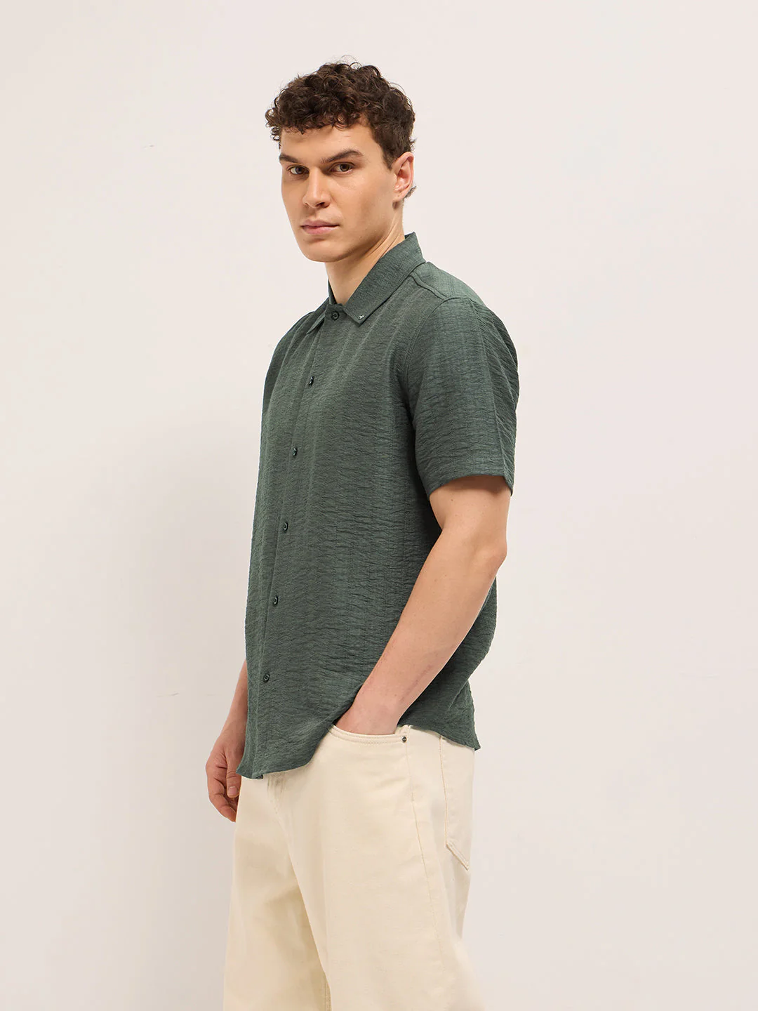 Men Olive Crinkled Textured Regular Fit Half-Sleeve Casual Shirt - Image 3