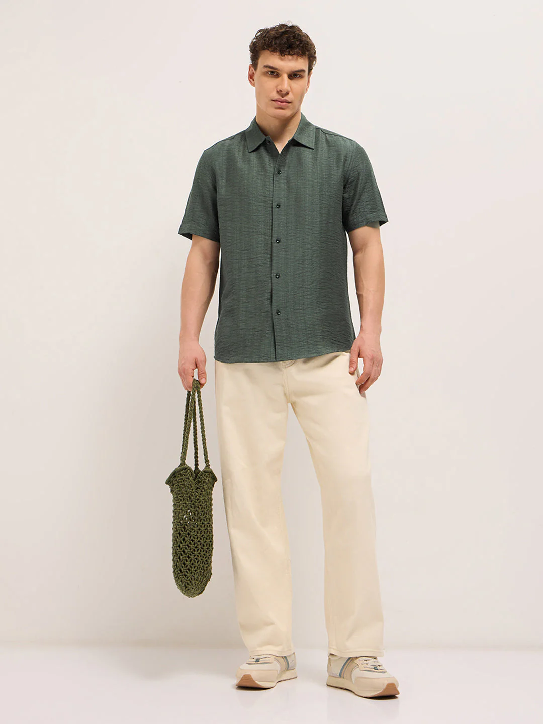 Men Olive Crinkled Textured Regular Fit Half-Sleeve Casual Shirt - Image 4