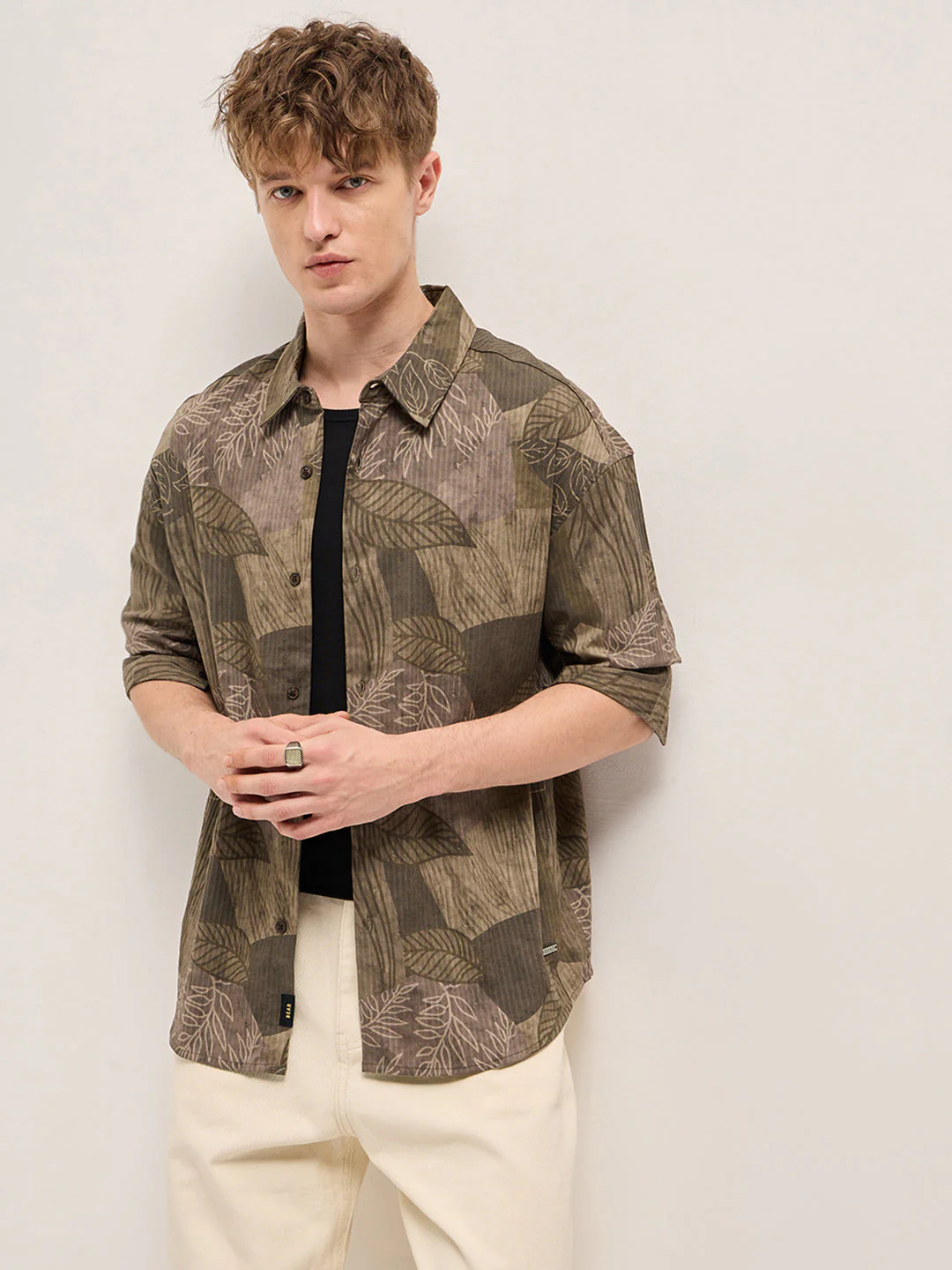Men Olive Floral Printed Relax Fit Casual Shirt