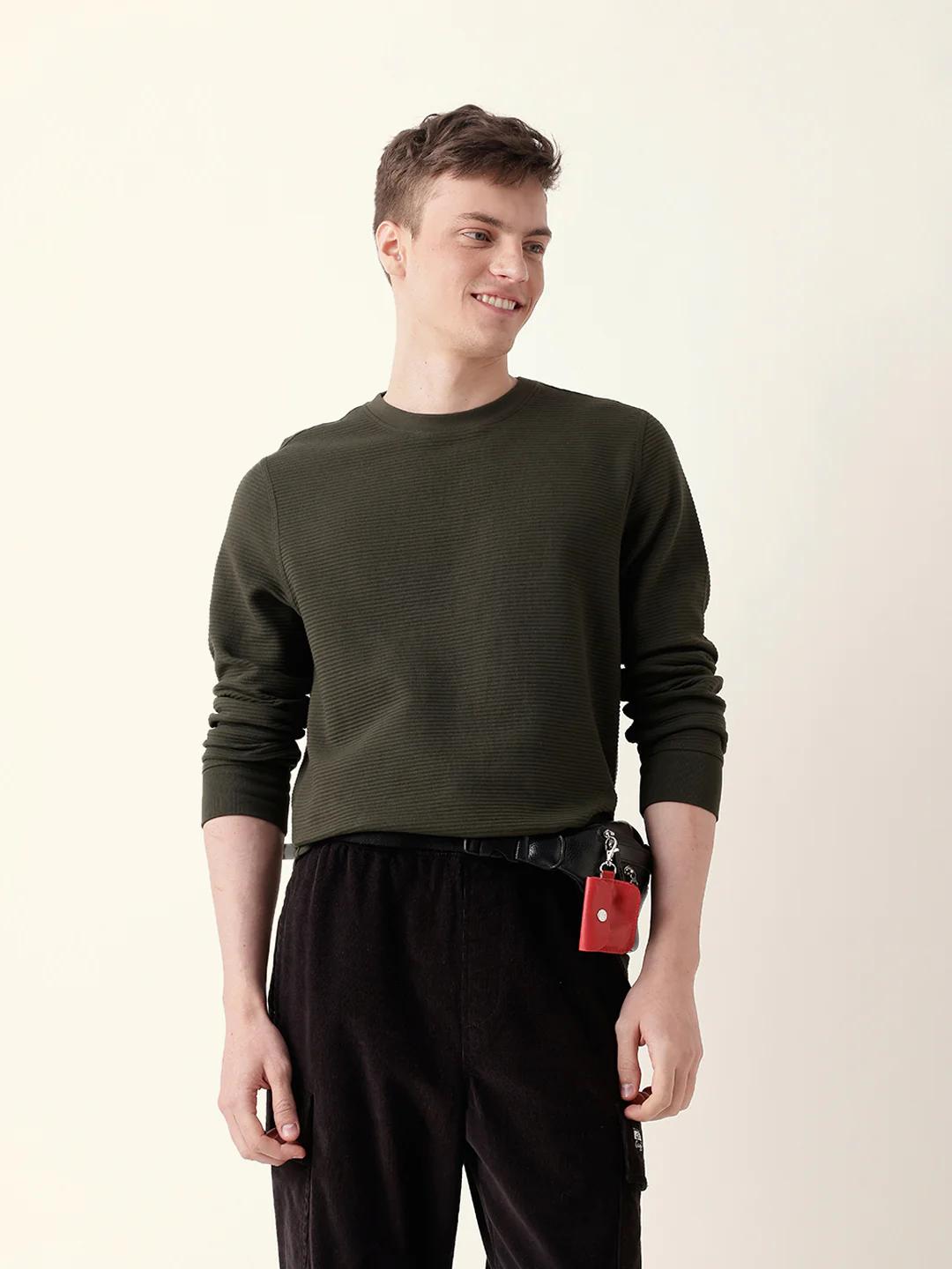 Men Olive Full Sleeve Regular T-Shirt - Image 3