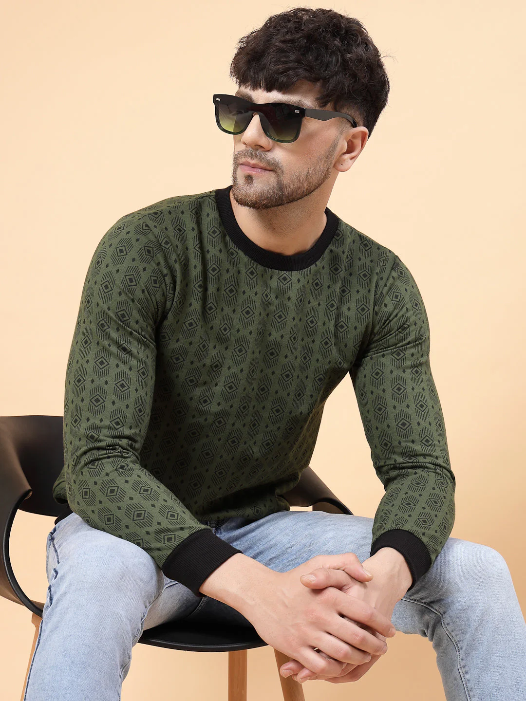 Men Olive Green All Over Printed Round Neck Fleece Sweatshirt - Image 2