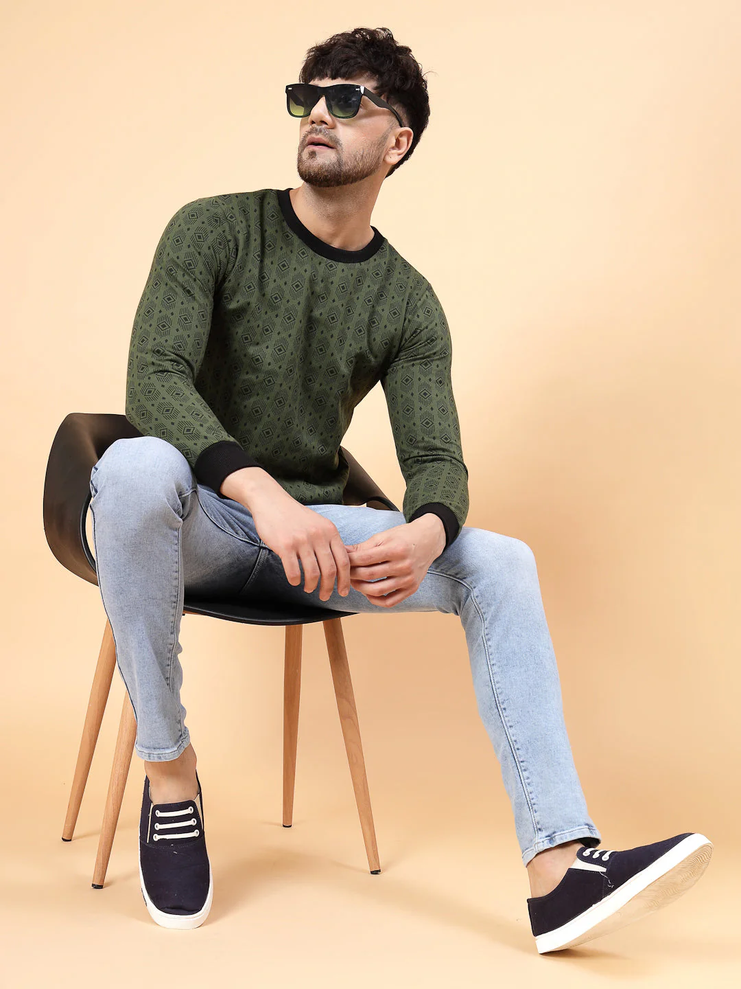 Men Olive Green All Over Printed Round Neck Fleece Sweatshirt - Image 3