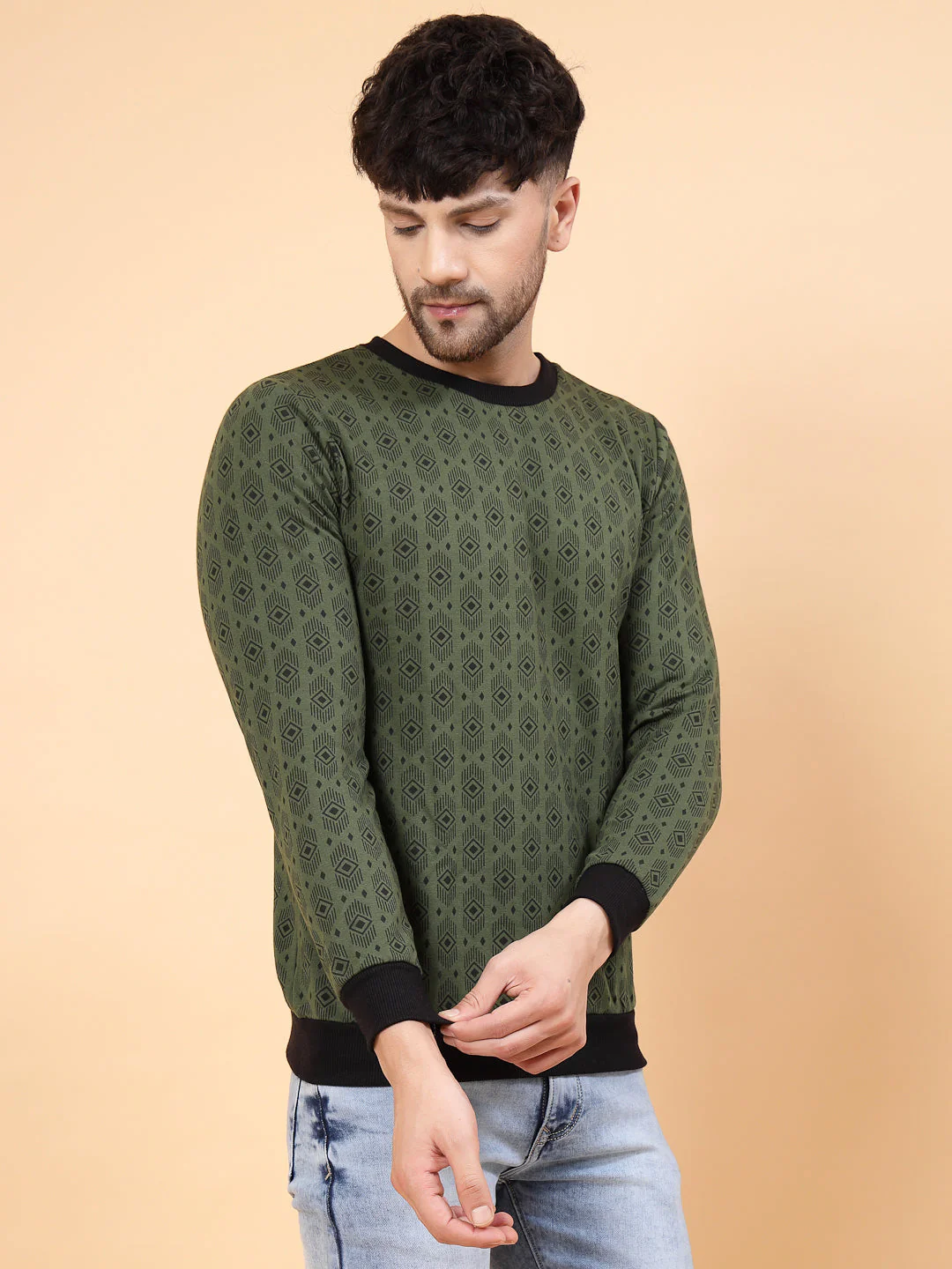 Men Olive Green All Over Printed Round Neck Fleece Sweatshirt - Image 4