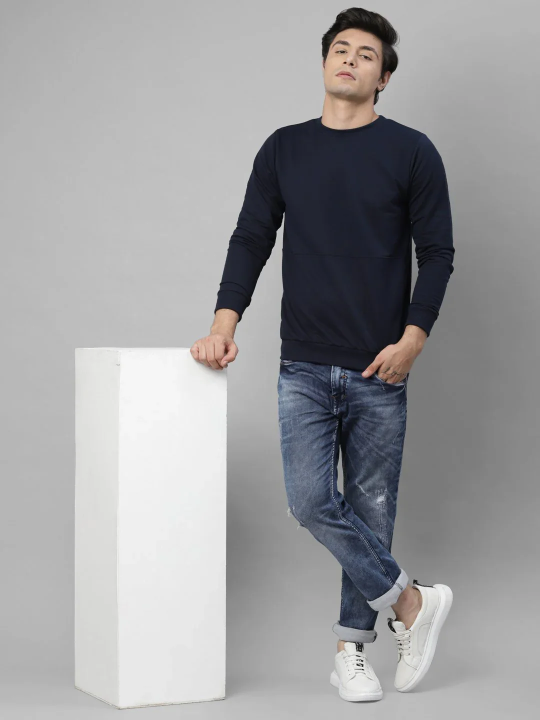 Men Navy Terry Round Neck Sweatshirt - Image 4