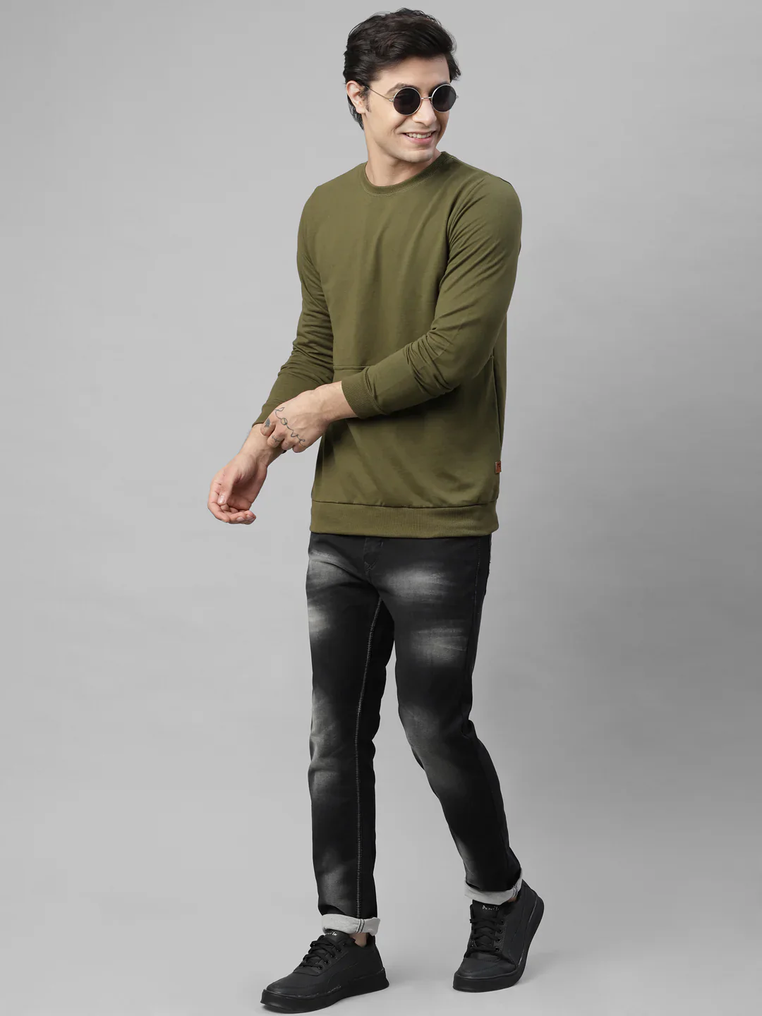 Men Olive Green Cut Sew Terry Round Neck Sweatshirt - Image 3