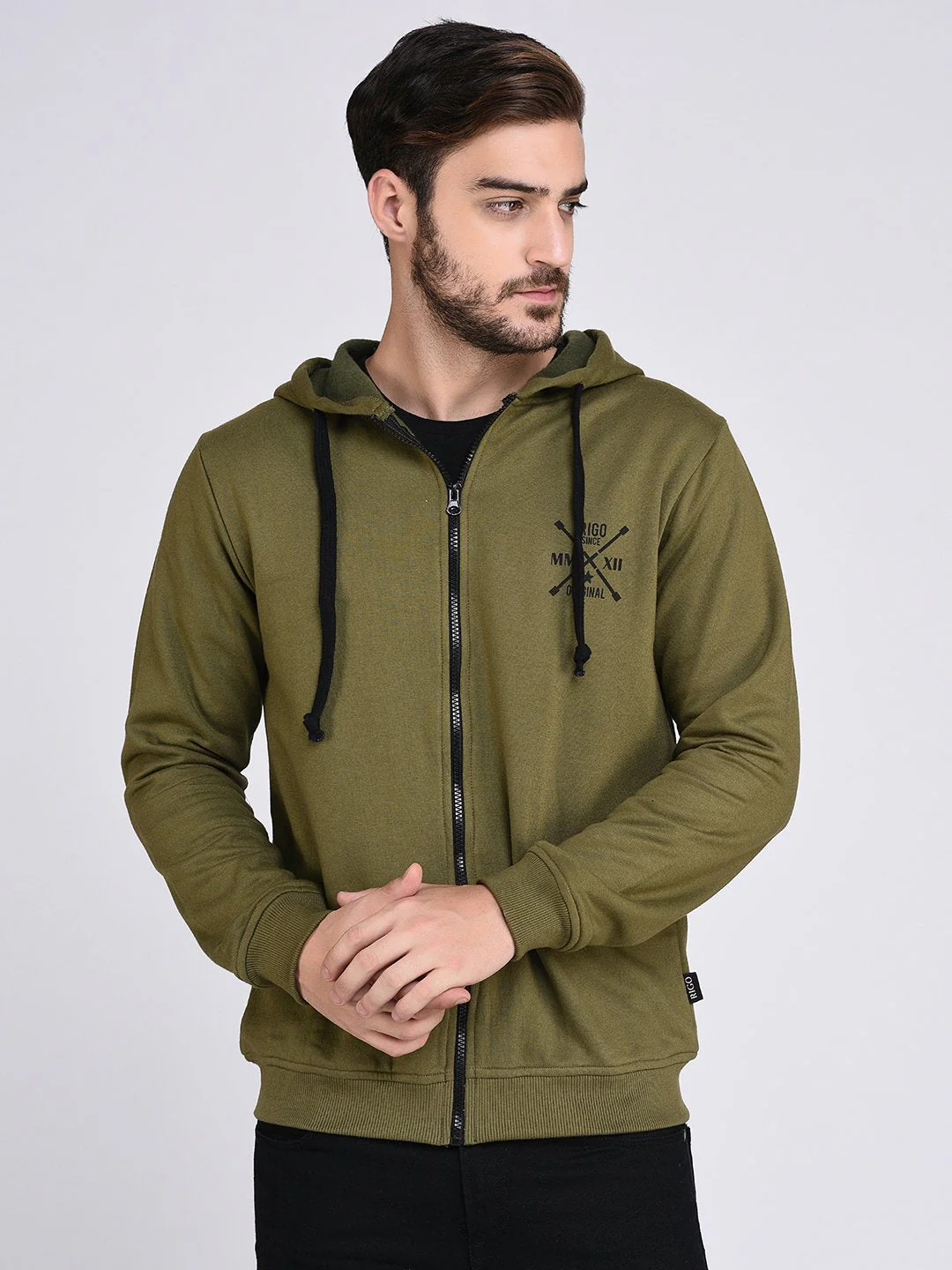 Men Olive Green Fleece Hooded With Front Zip Open sweatshirtFull - Image 2