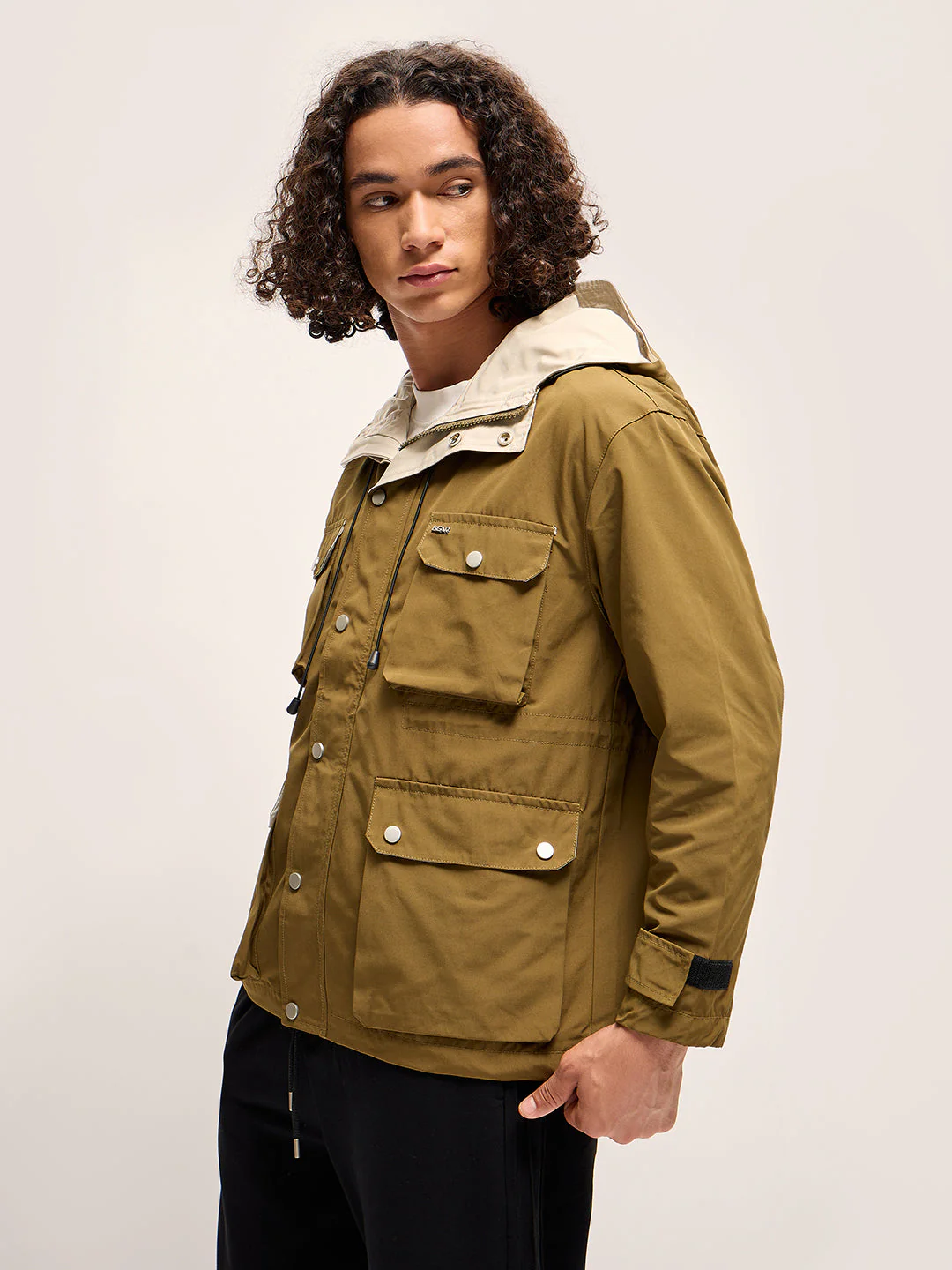 Men Olive Green Hooded Utility Jacket - Image 3
