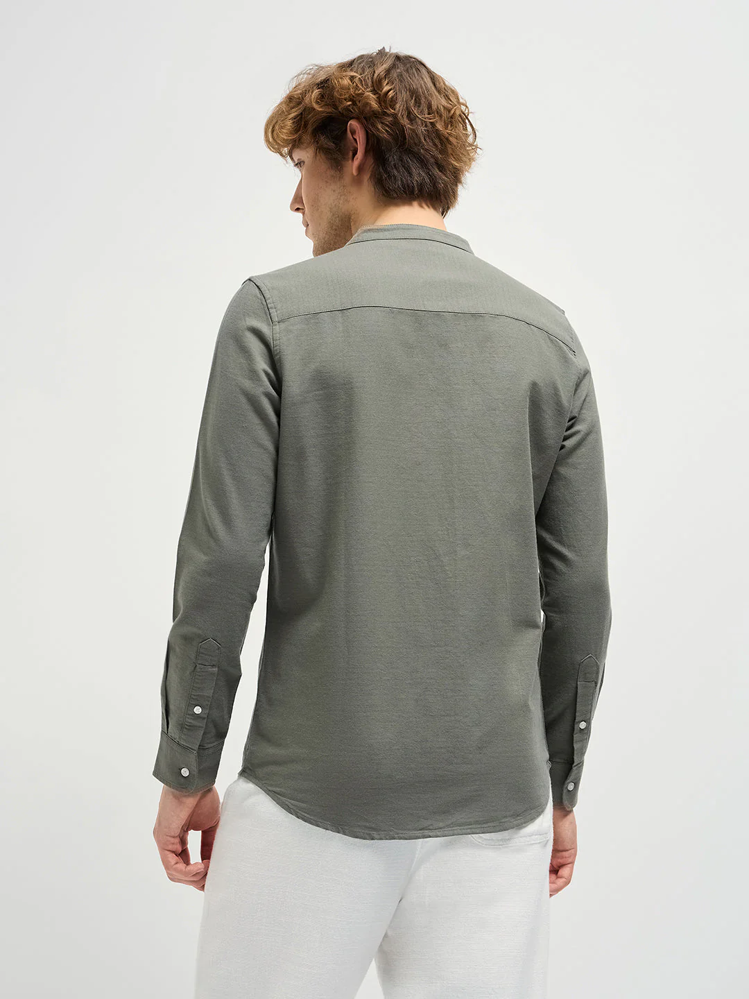 Men Olive Green Mandarin Collar Slim Fit Casual Shirt - Image 2