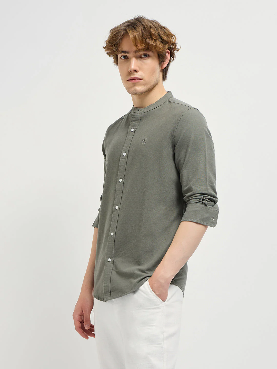 Men Olive Green Mandarin Collar Slim Fit Casual Shirt - Image 3