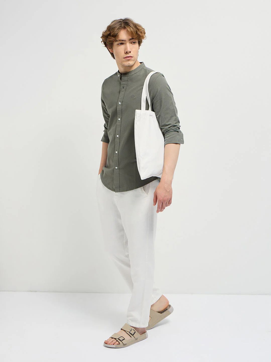 Men Olive Green Mandarin Collar Slim Fit Casual Shirt - Image 4