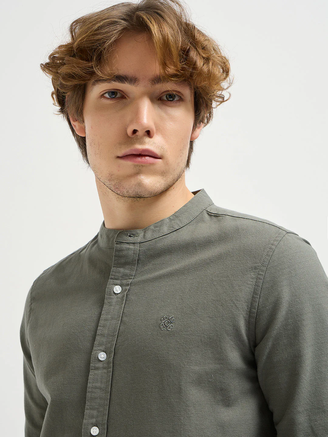 Men Olive Green Mandarin Collar Slim Fit Casual Shirt - Image 5