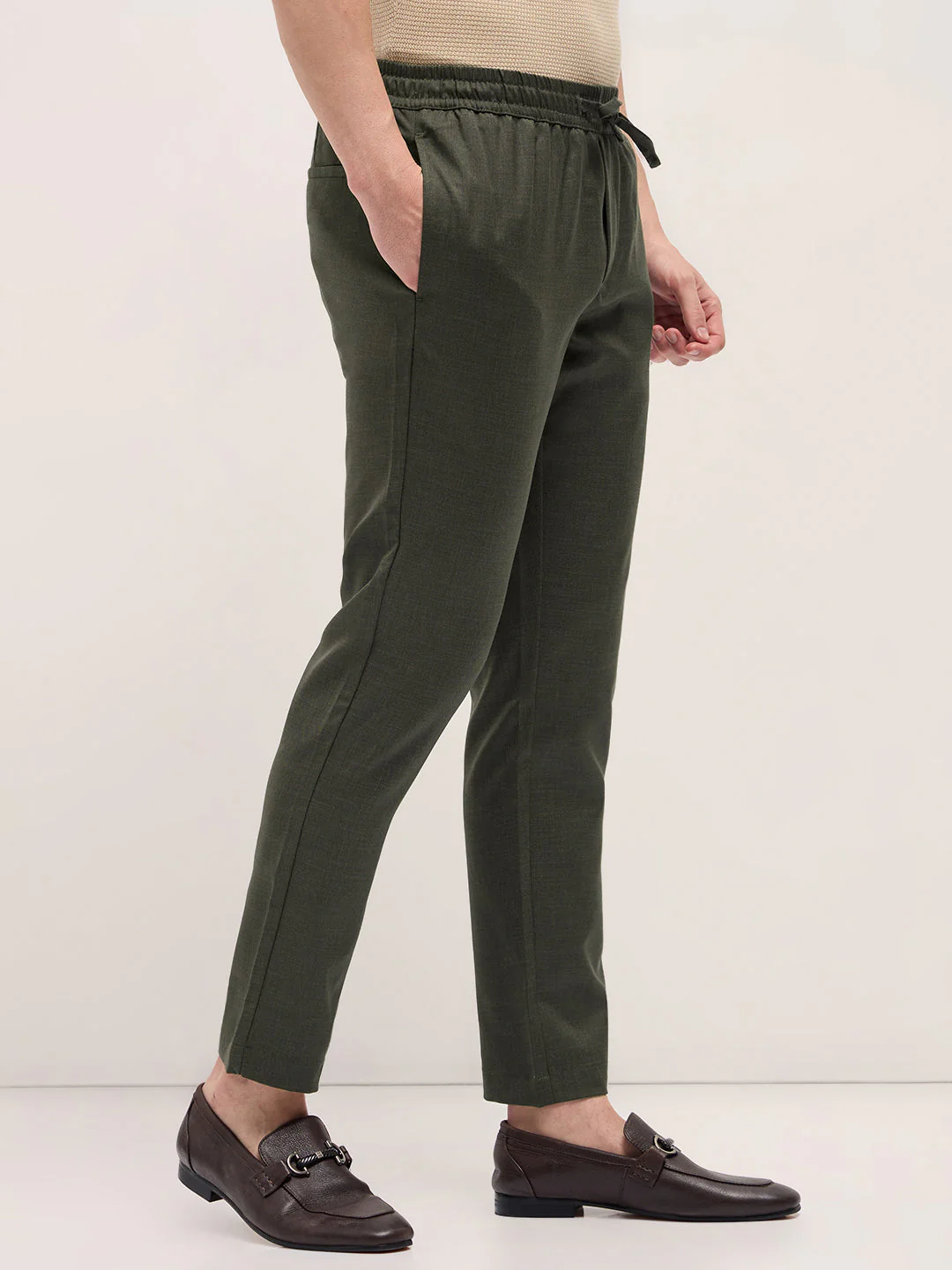Men Olive Green Slim Fit Formal Trouser - Image 3