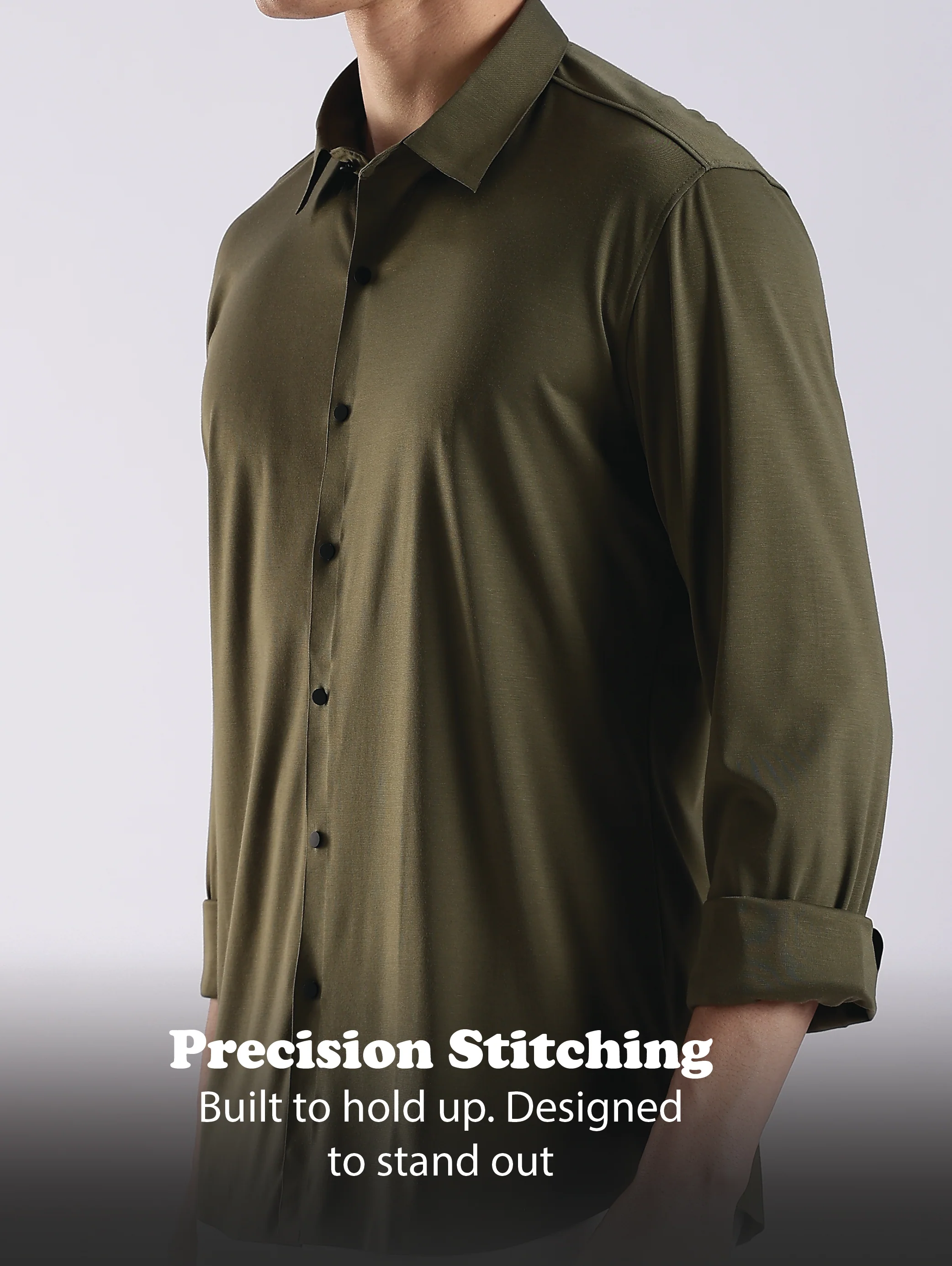 Men Olive Knitted Slim Fit Shirt - Image 11