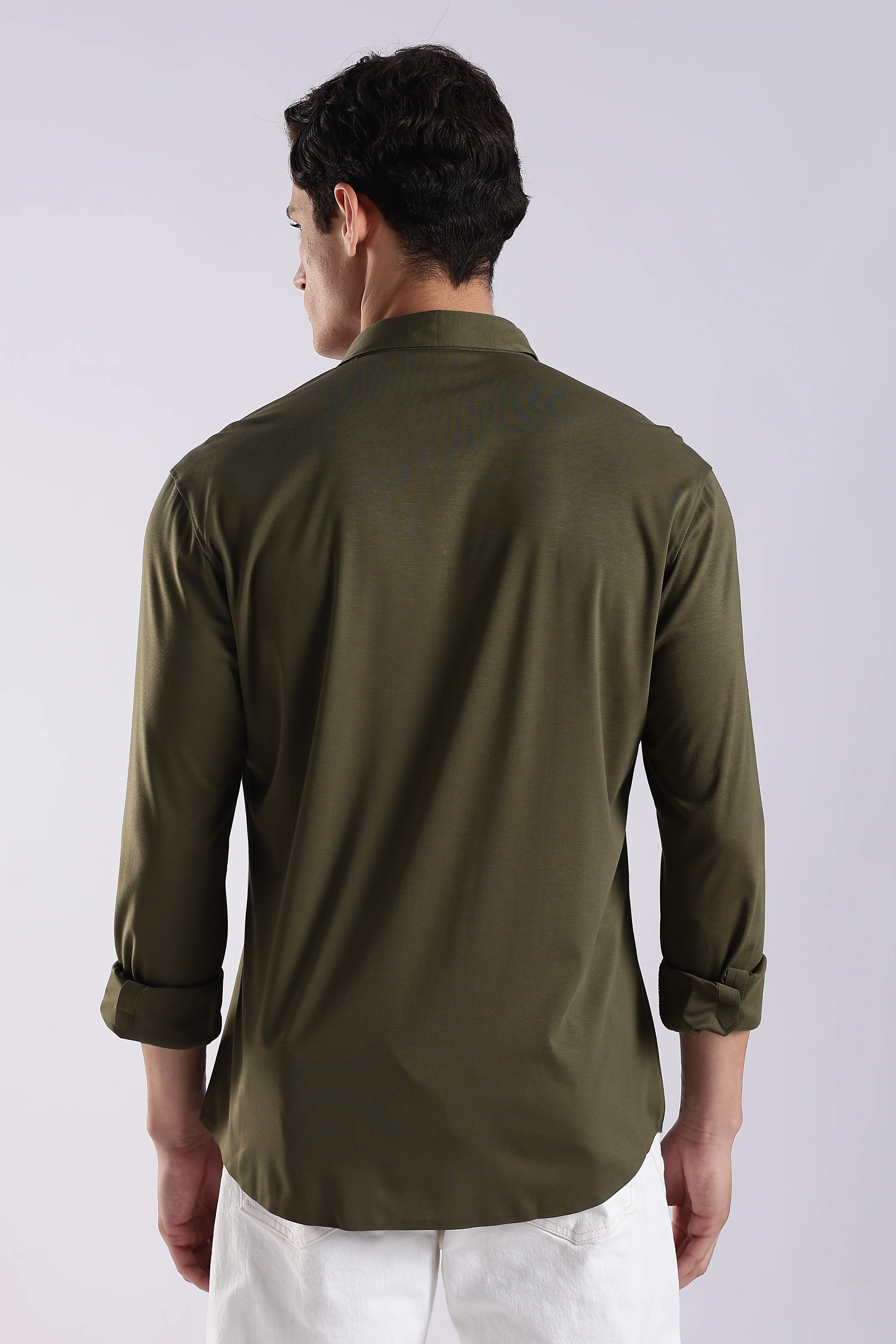Men Olive Knitted Slim Fit Shirt - Image 2