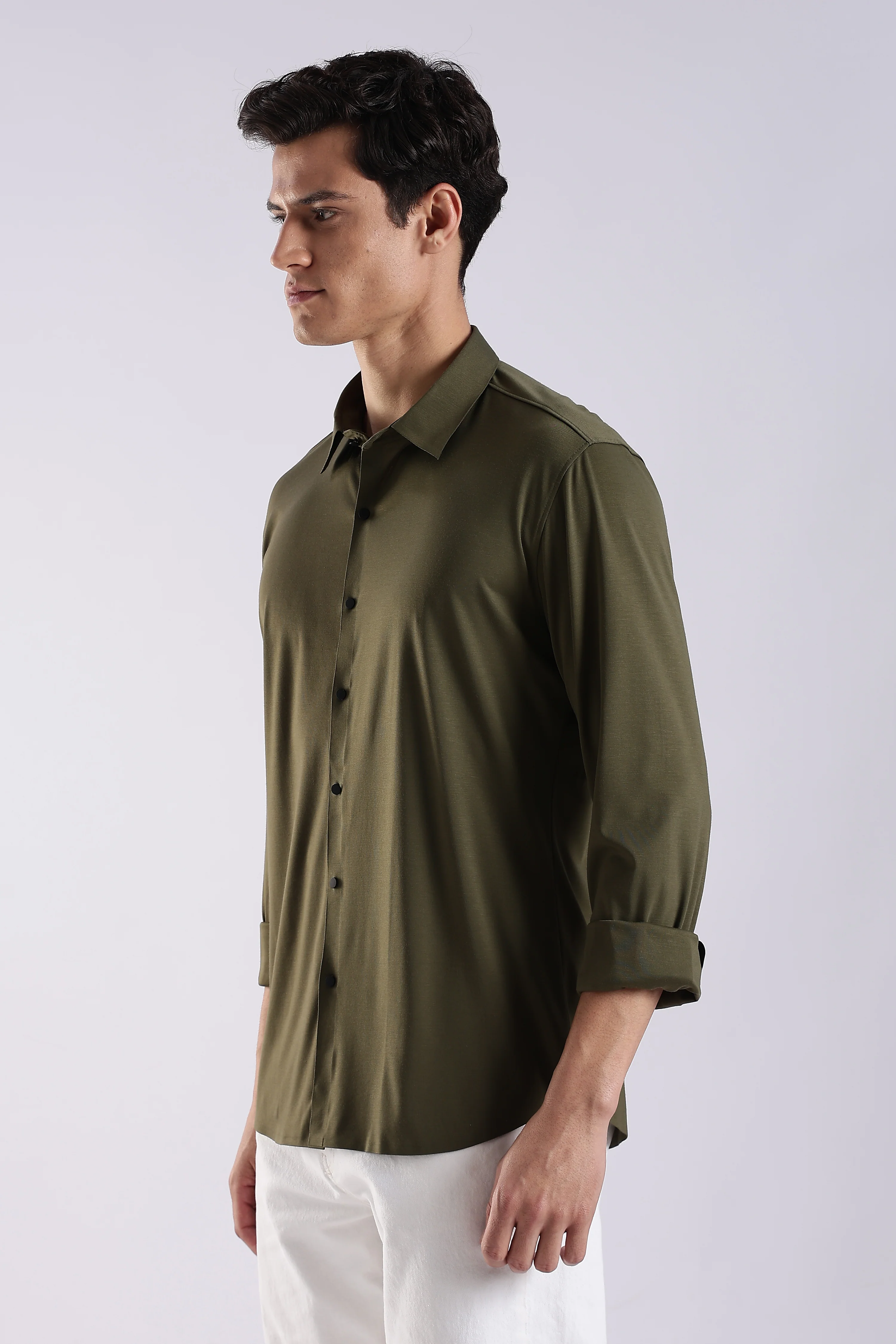 Men Olive Knitted Slim Fit Shirt - Image 3