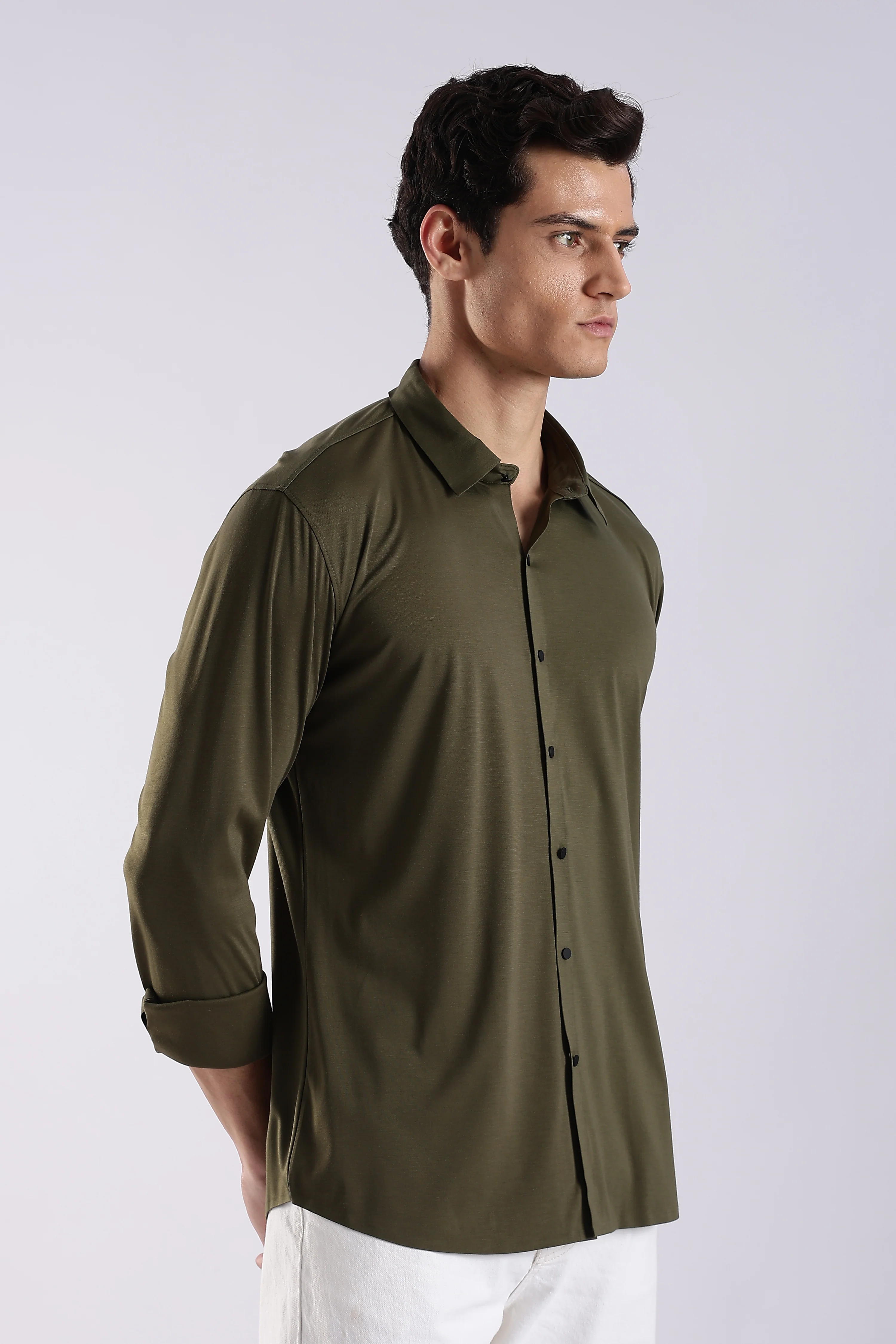 Men Olive Knitted Slim Fit Shirt - Image 4