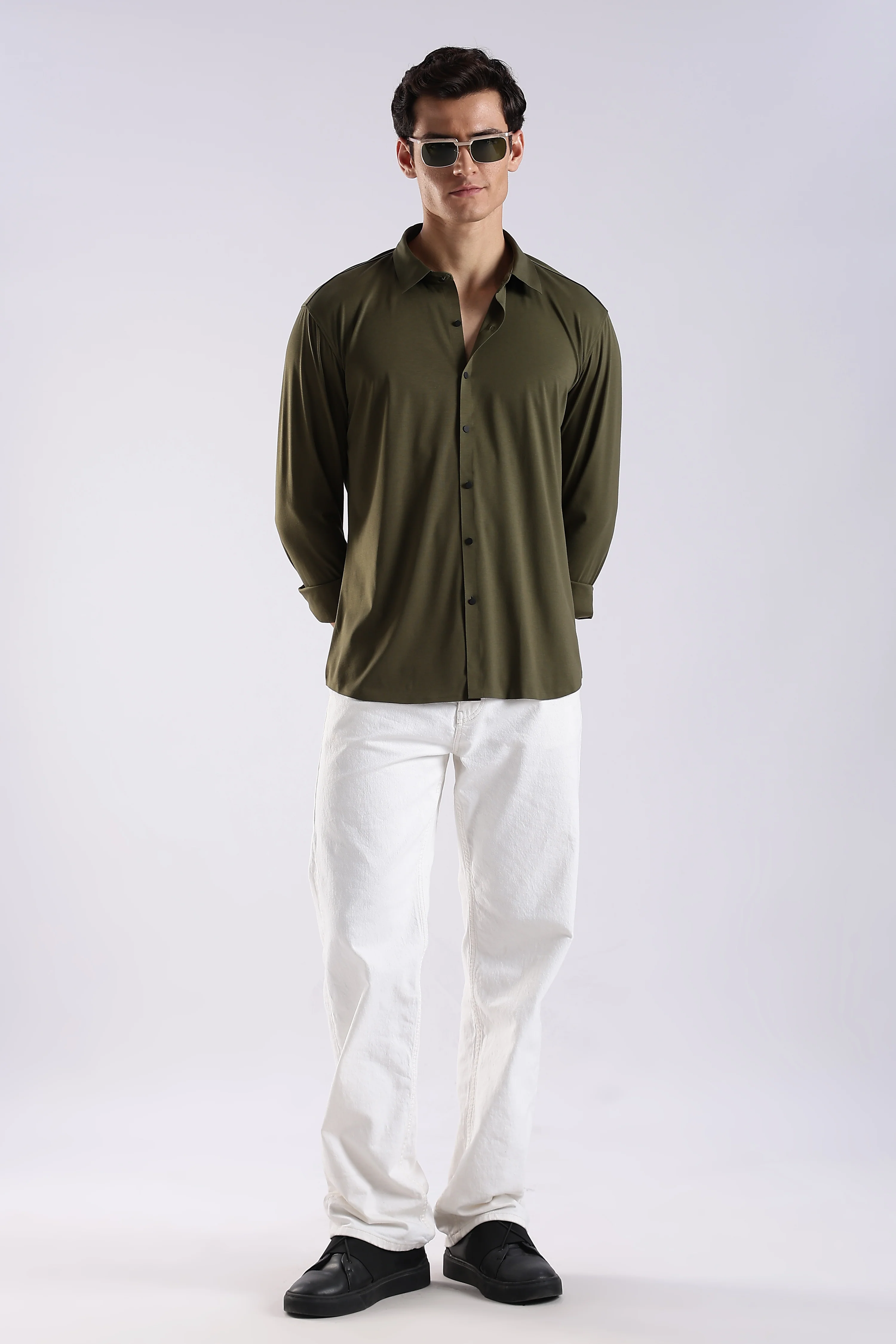 Men Olive Knitted Slim Fit Shirt - Image 7