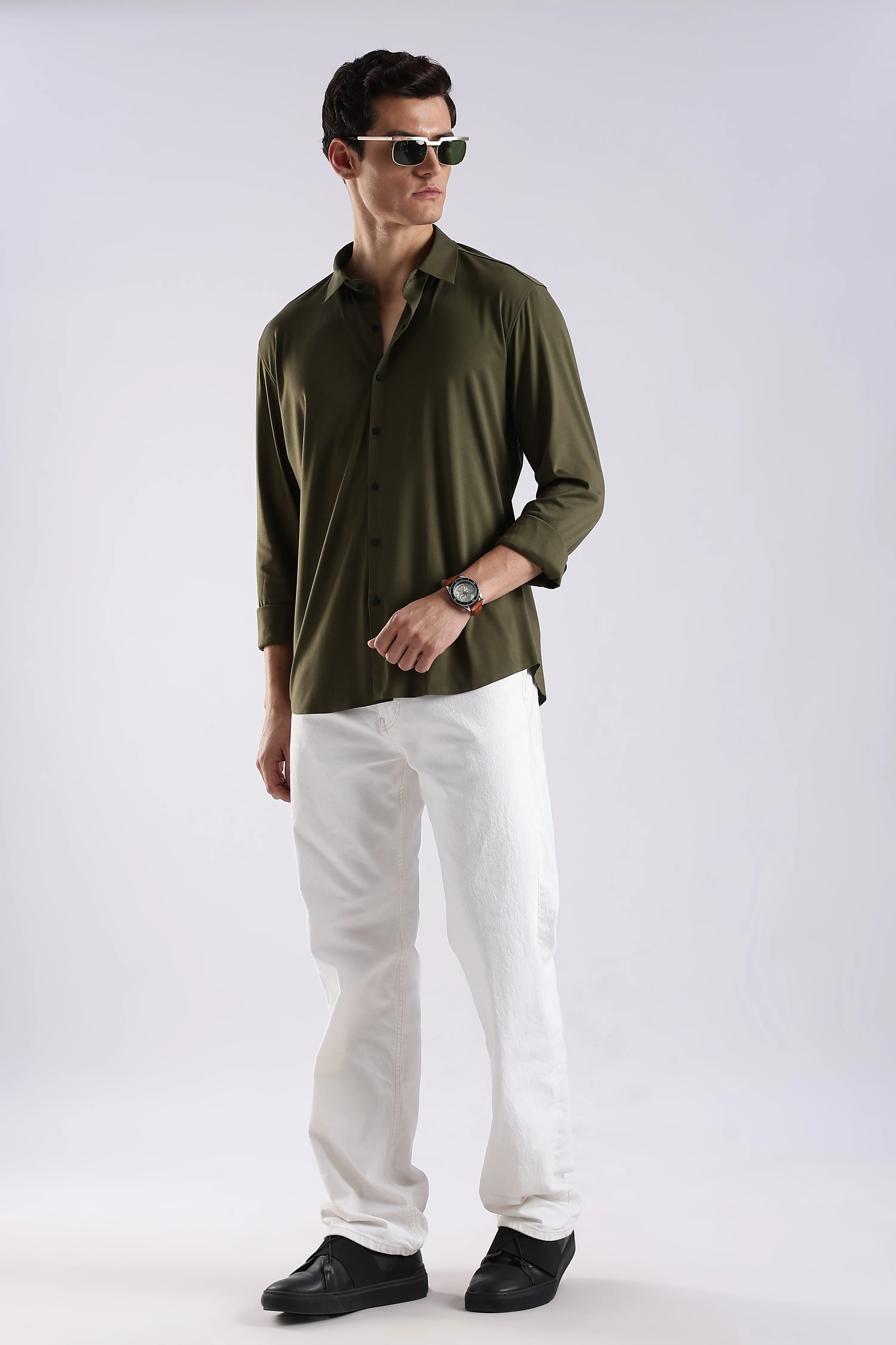 Men Olive Knitted Slim Fit Shirt - Image 8