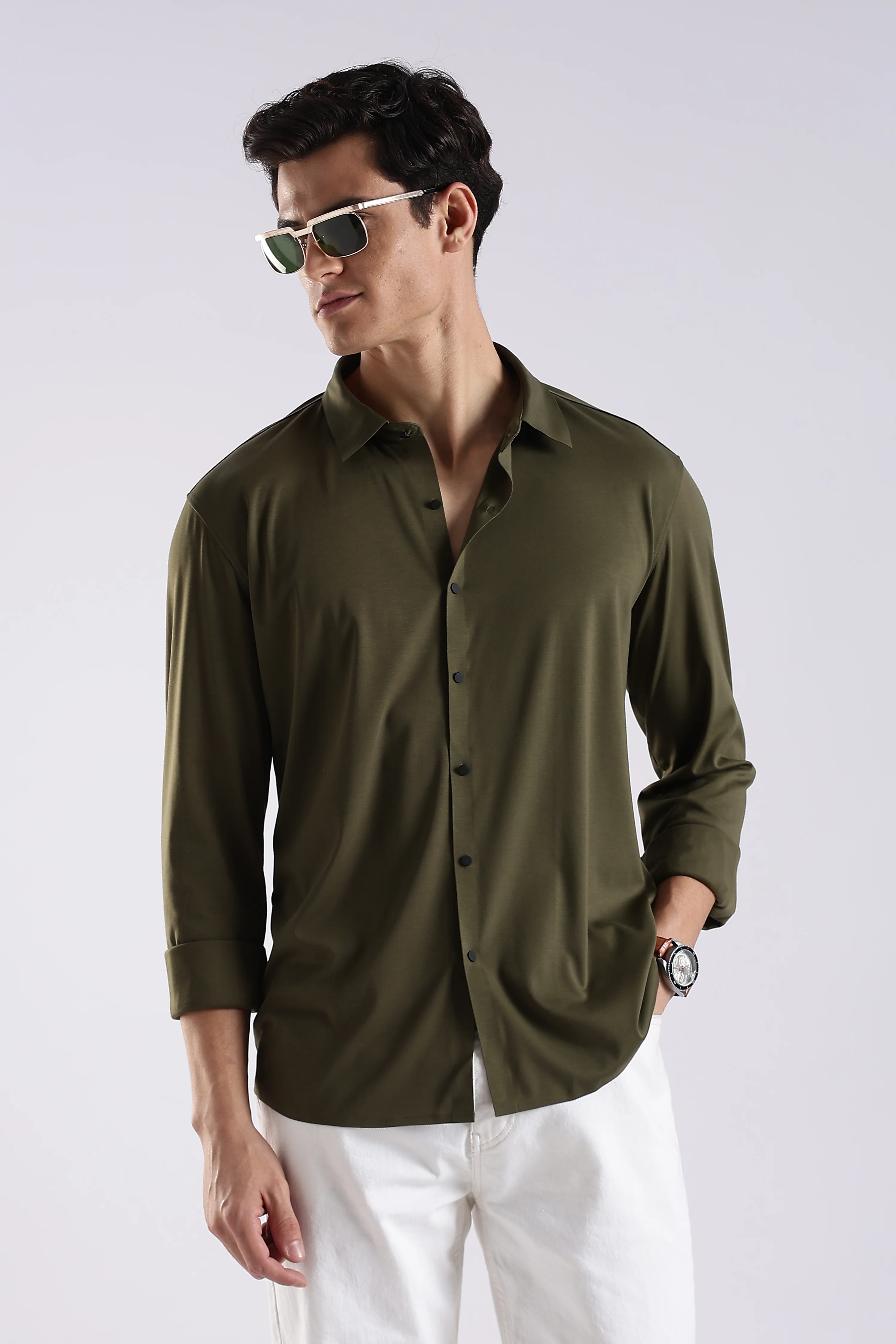 Men Olive Knitted Slim Fit Shirt - Image 9