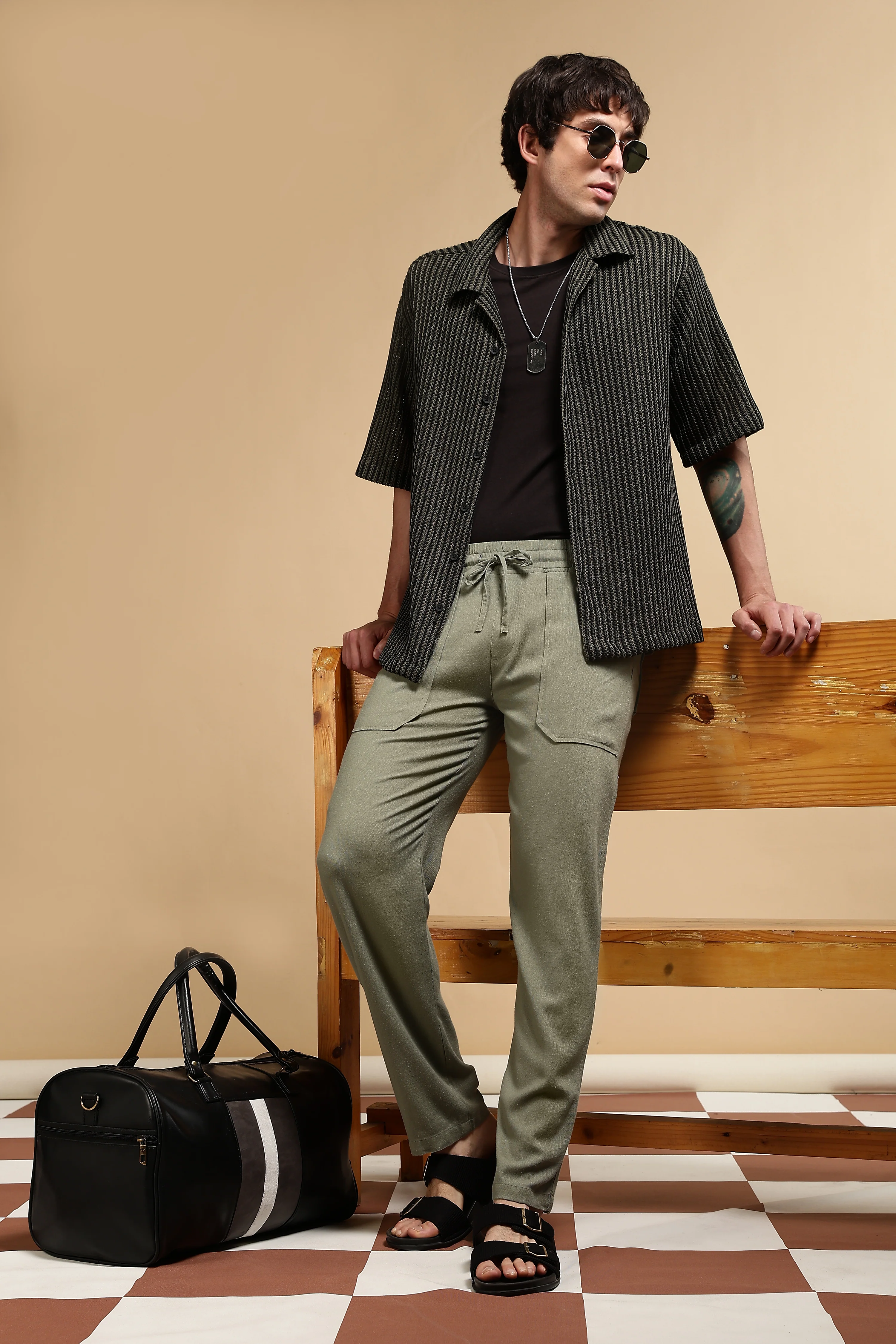 Men Olive Linen Blend Loose Fit Drawcord Trousers - Image 10
