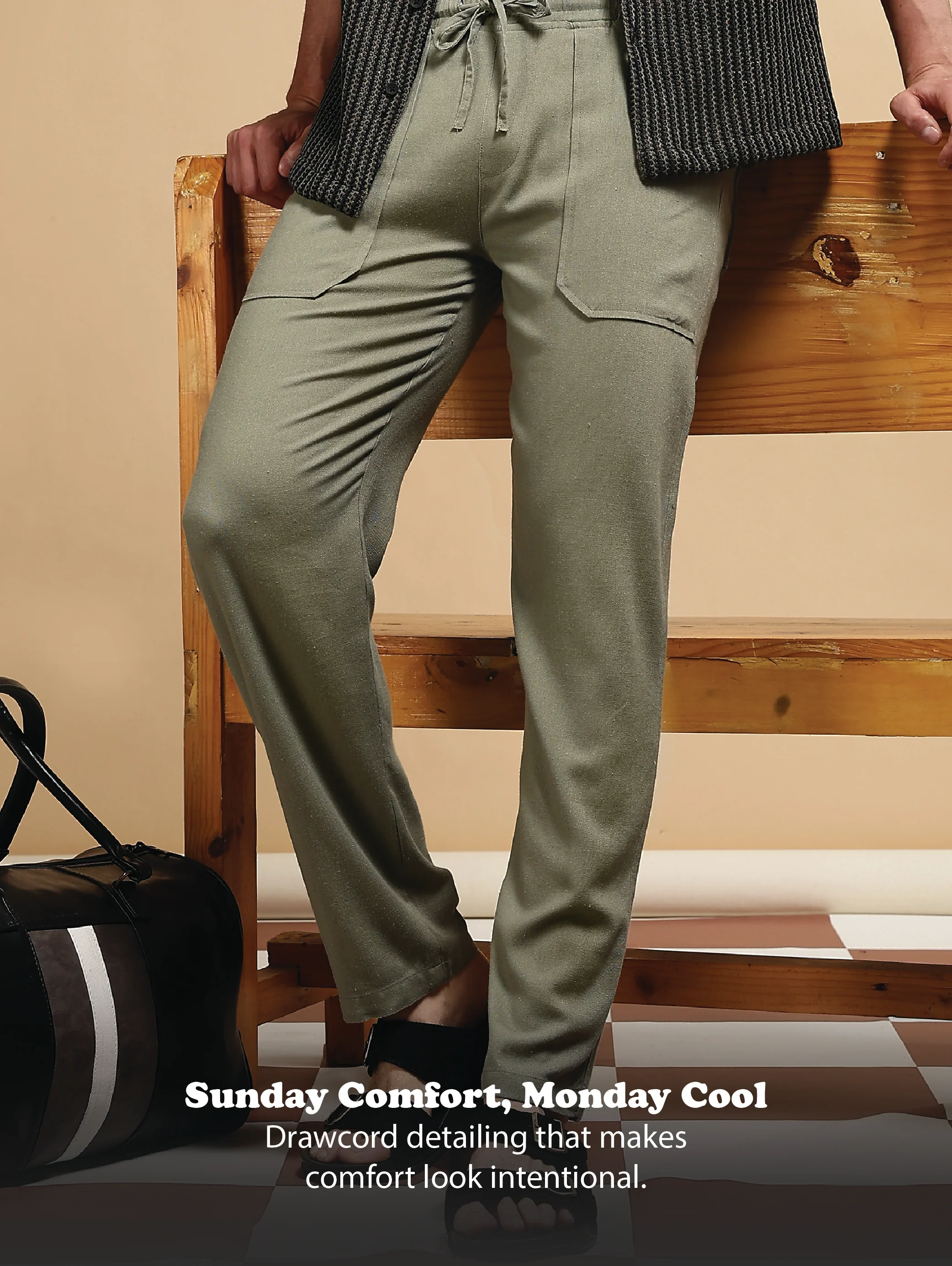 Men Olive Linen Blend Loose Fit Drawcord Trousers - Image 12