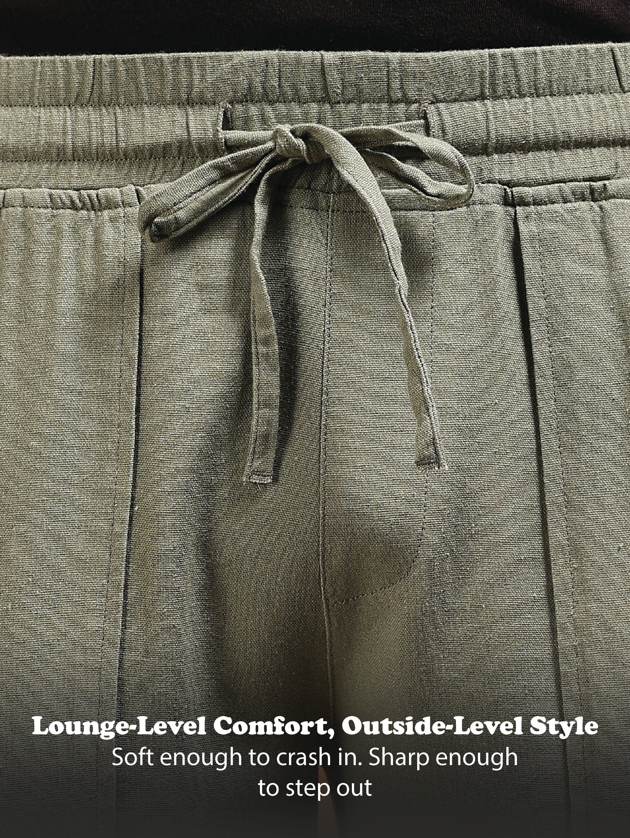Men Olive Linen Blend Loose Fit Drawcord Trousers - Image 13