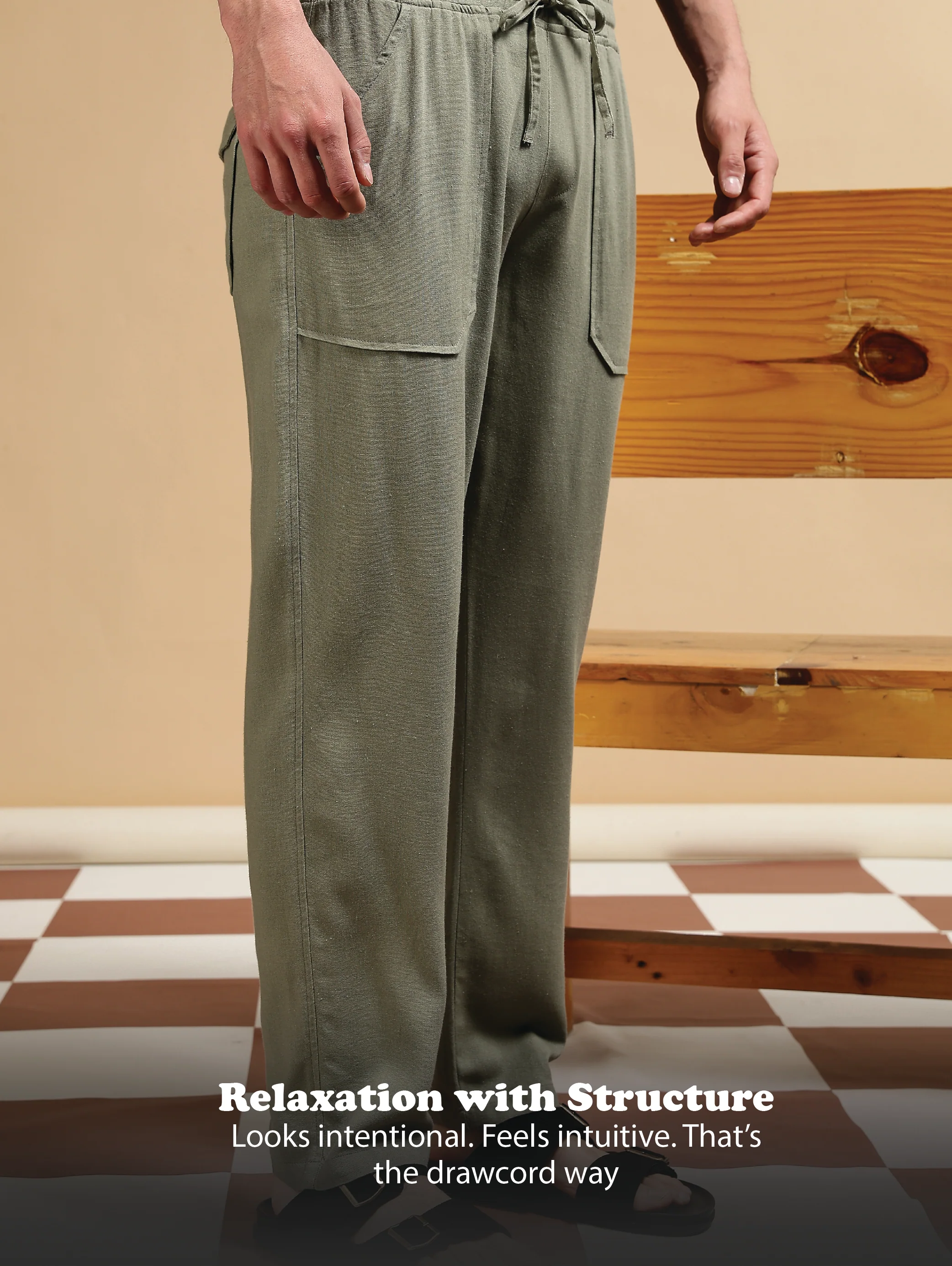 Men Olive Linen Blend Loose Fit Drawcord Trousers - Image 14