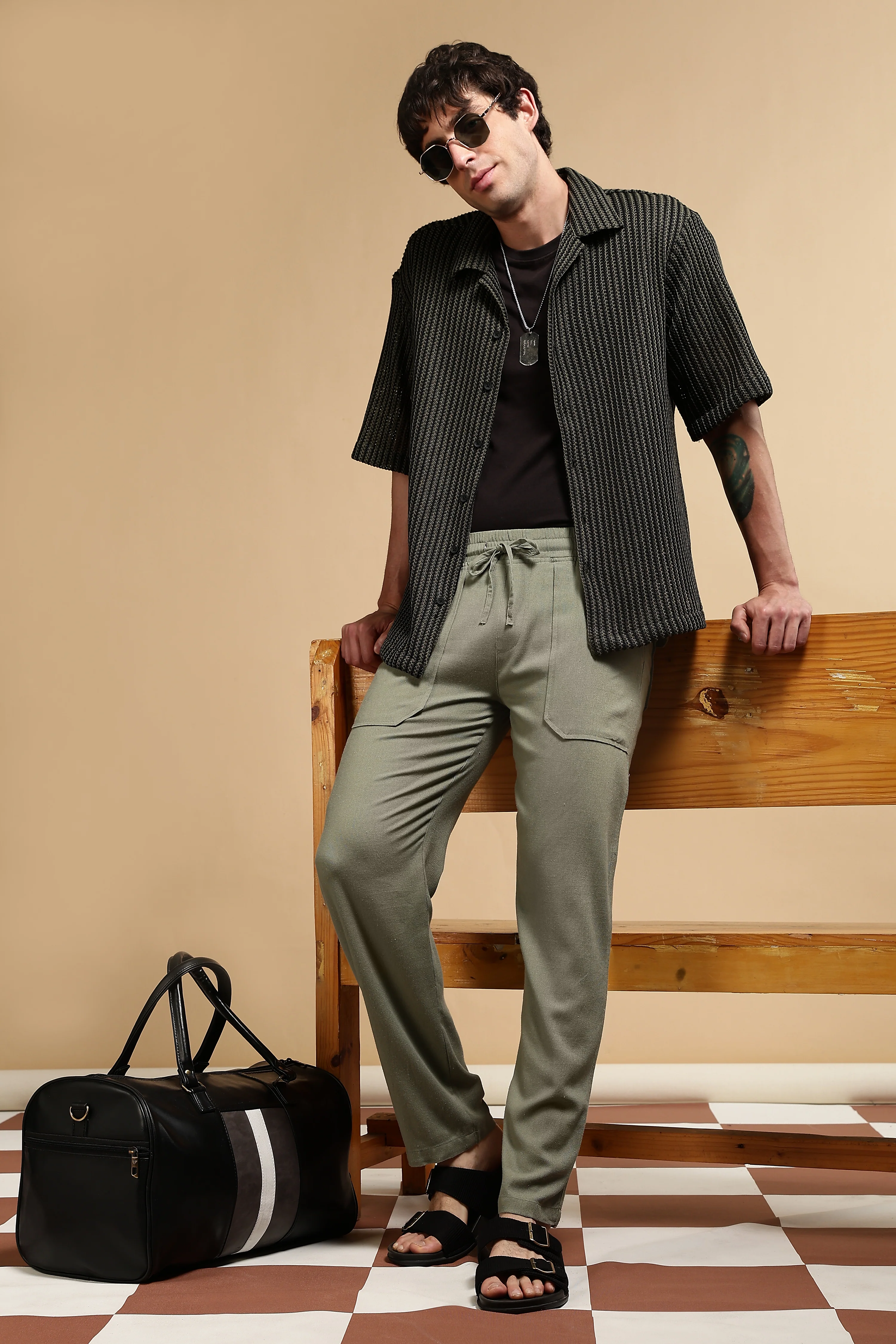 Men Olive Linen Blend Loose Fit Drawcord Trousers - Image 8