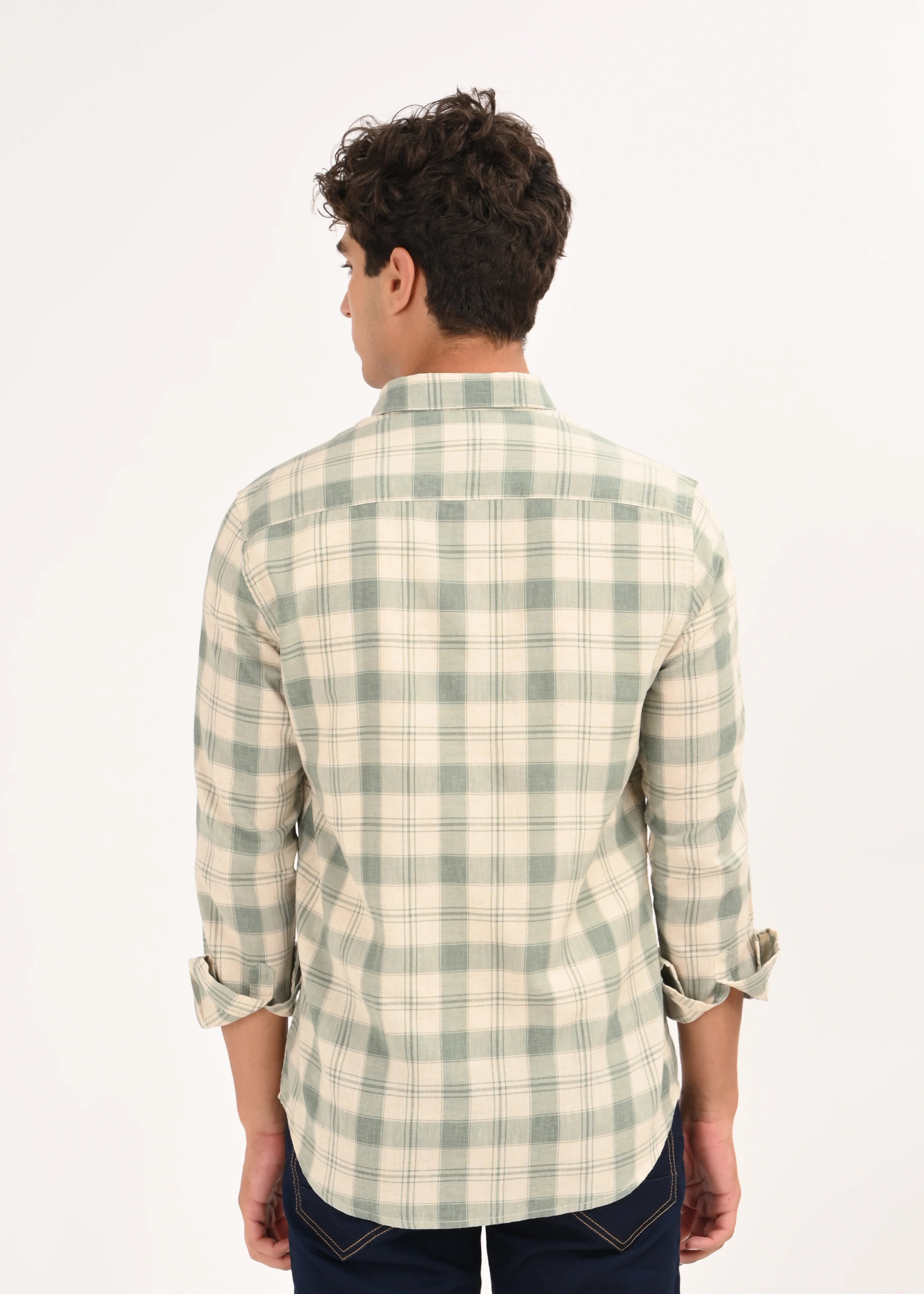 Men Olive Linen Cotton Checked Shirt - Image 2