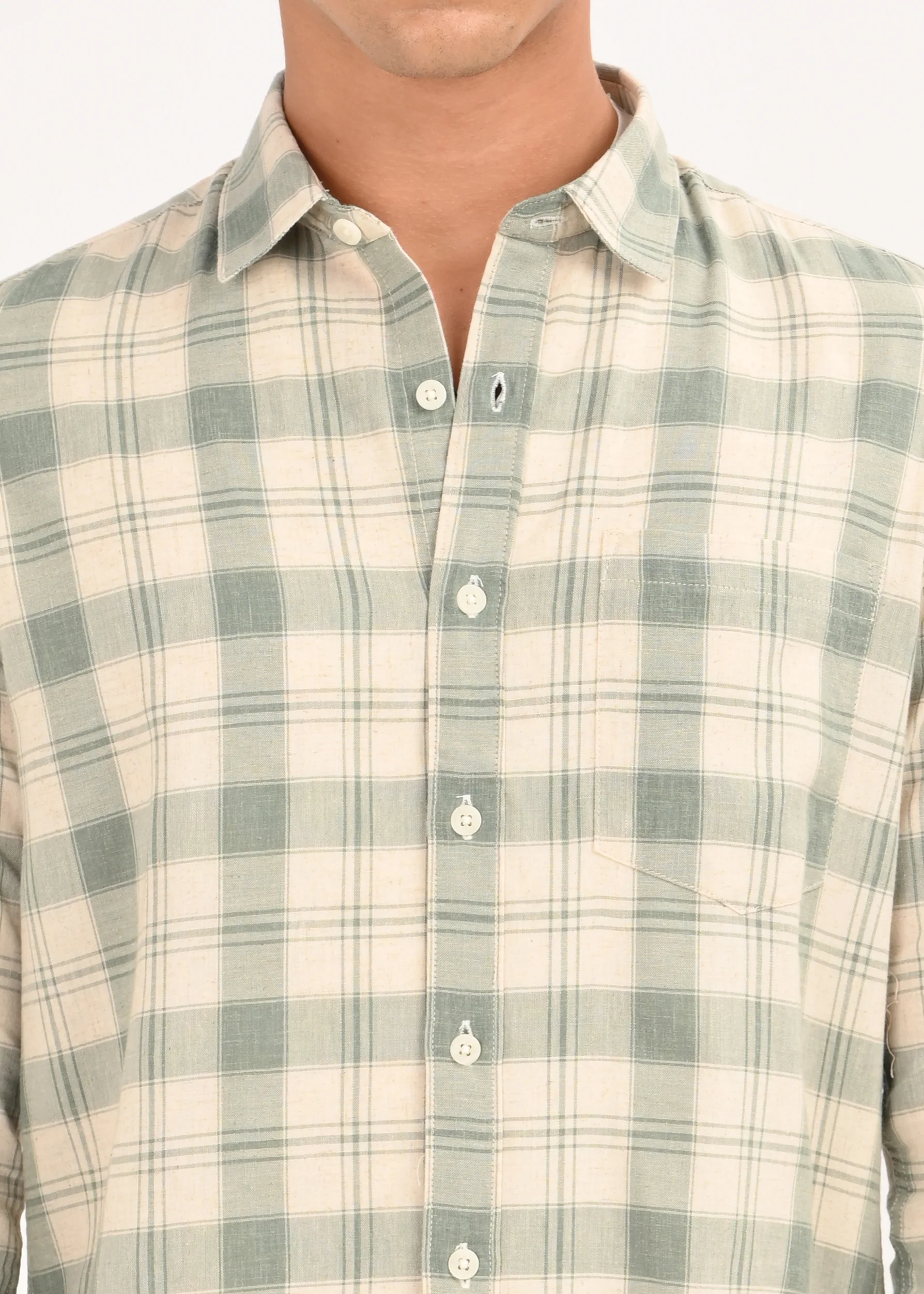 Men Olive Linen Cotton Checked Shirt - Image 3
