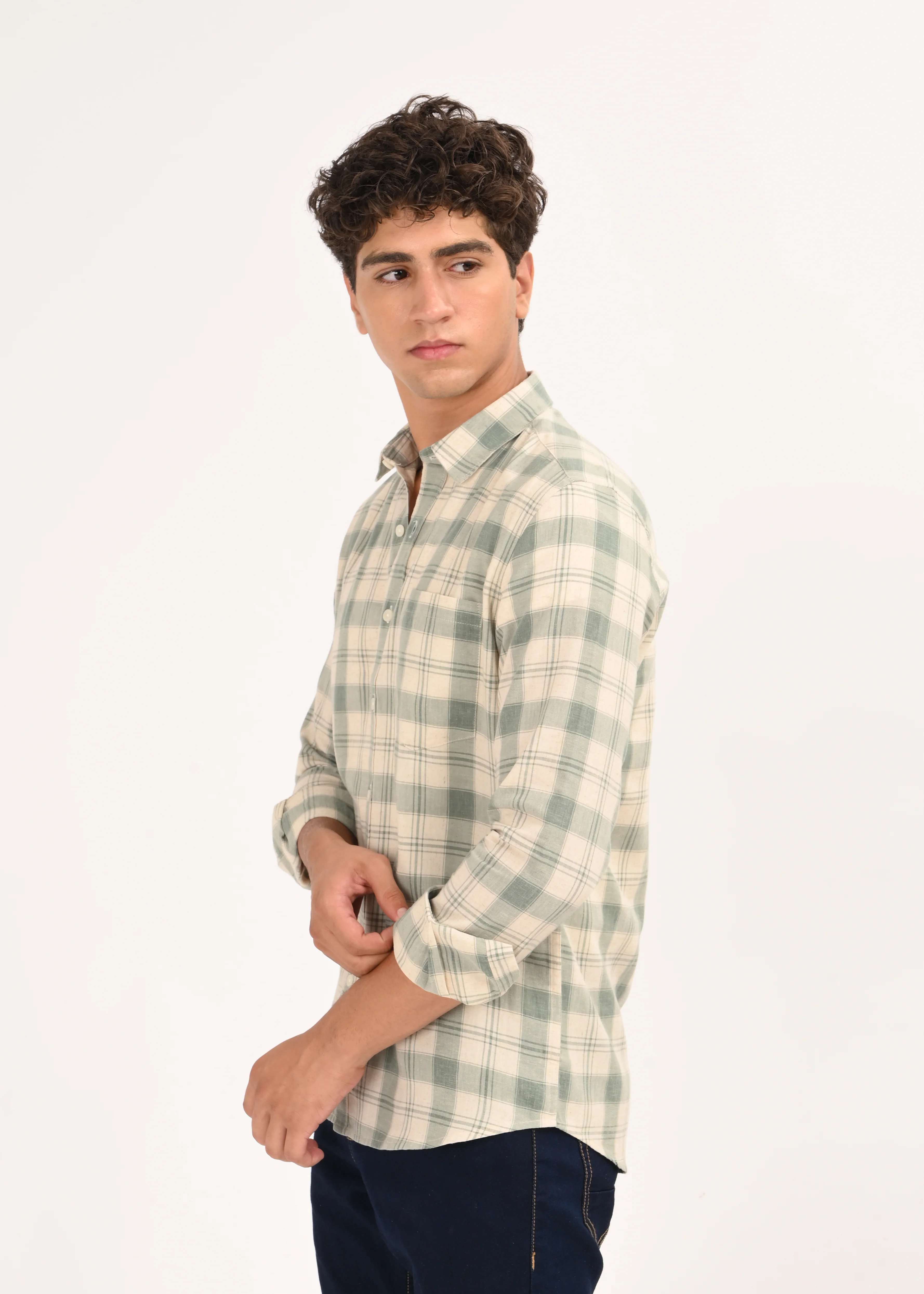 Men Olive Linen Cotton Checked Shirt - Image 4