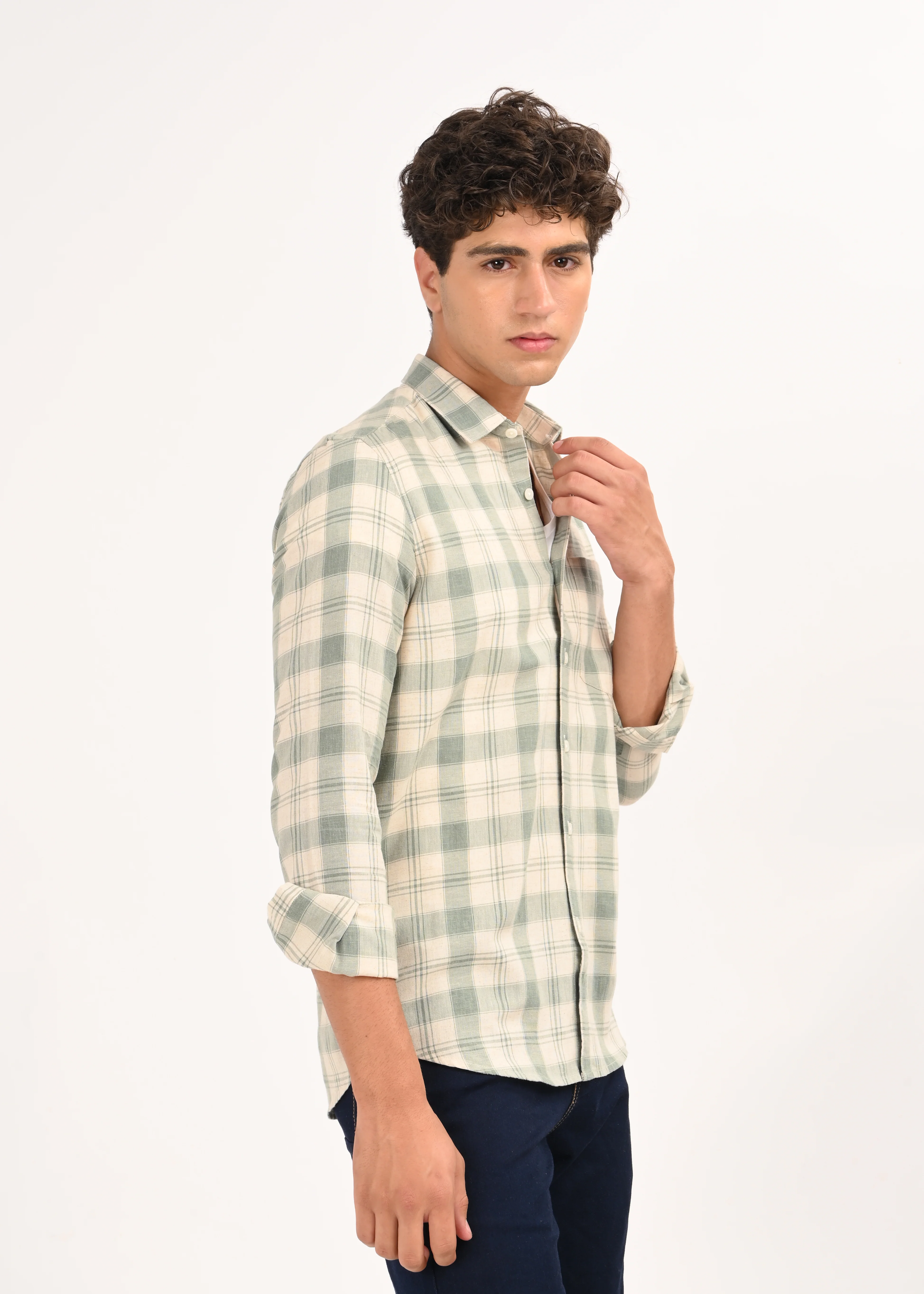 Men Olive Linen Cotton Checked Shirt - Image 5