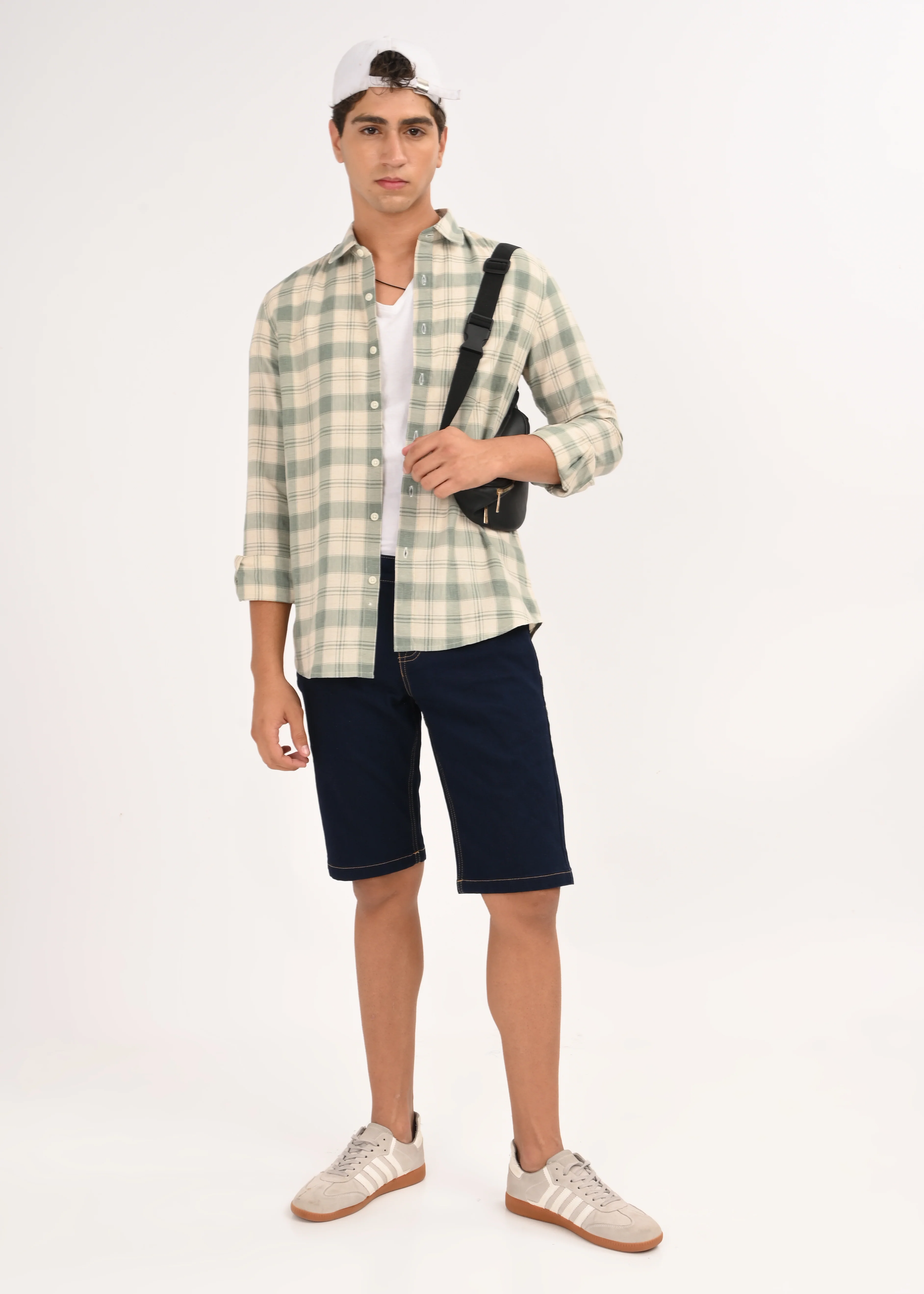 Men Olive Linen Cotton Checked Shirt - Image 6