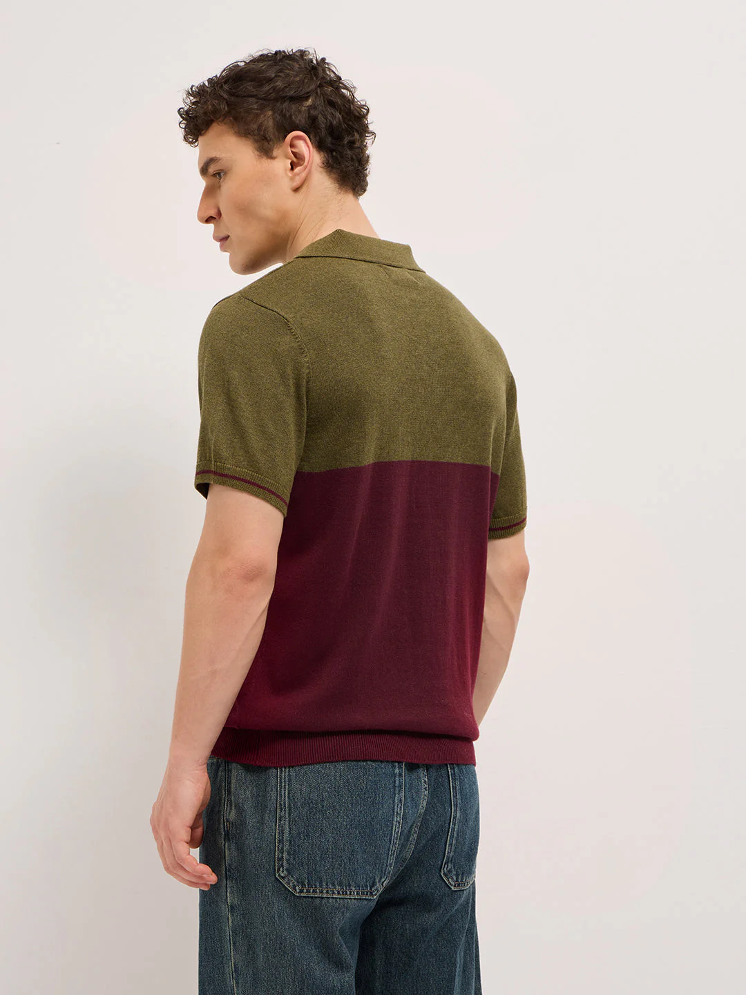 Men Olive & Maroon Color-Block Design Regular Fit Polo - Image 2