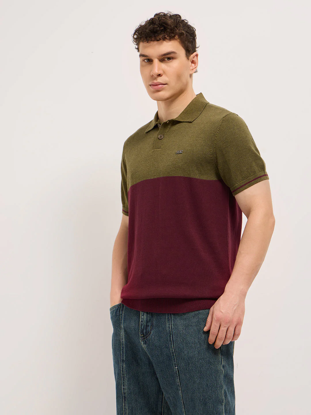 Men Olive & Maroon Color-Block Design Regular Fit Polo - Image 3