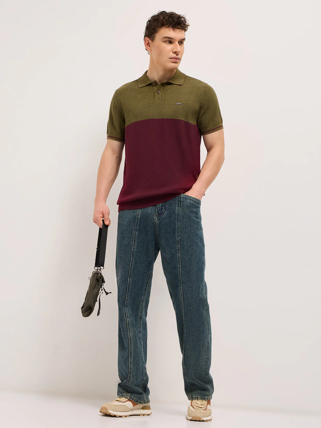 Men Olive & Maroon Color-Block Design Regular Fit Polo - Image 4