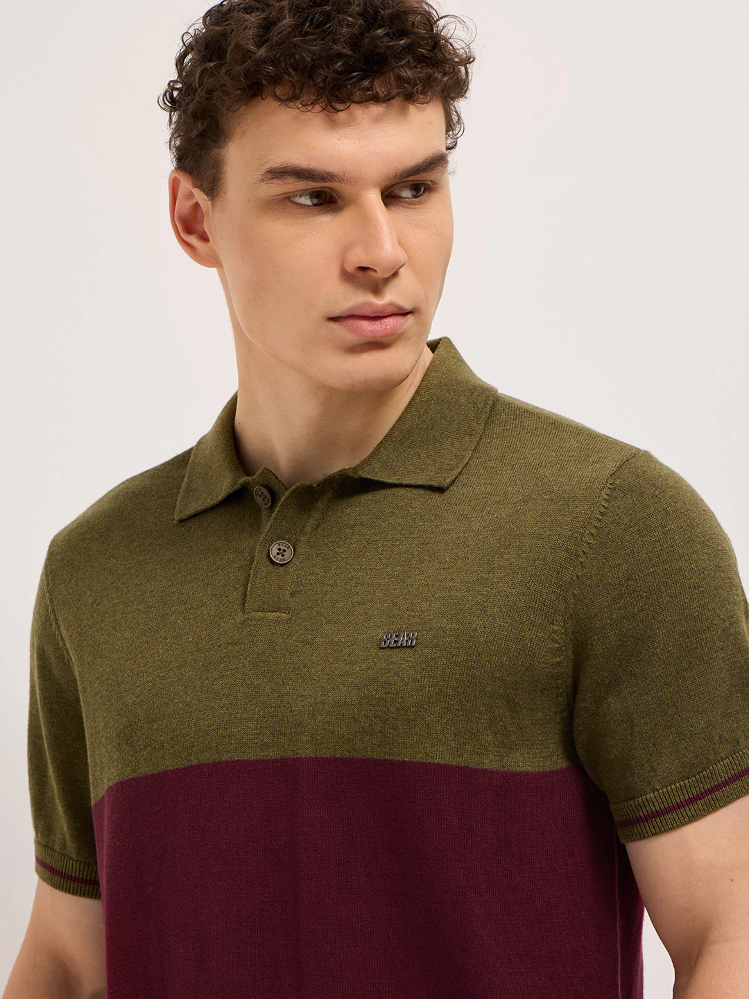 Men Olive & Maroon Color-Block Design Regular Fit Polo - Image 5