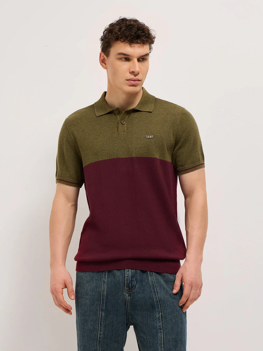 Men Olive & Maroon Color-Block Design Regular Fit Polo - Image 6