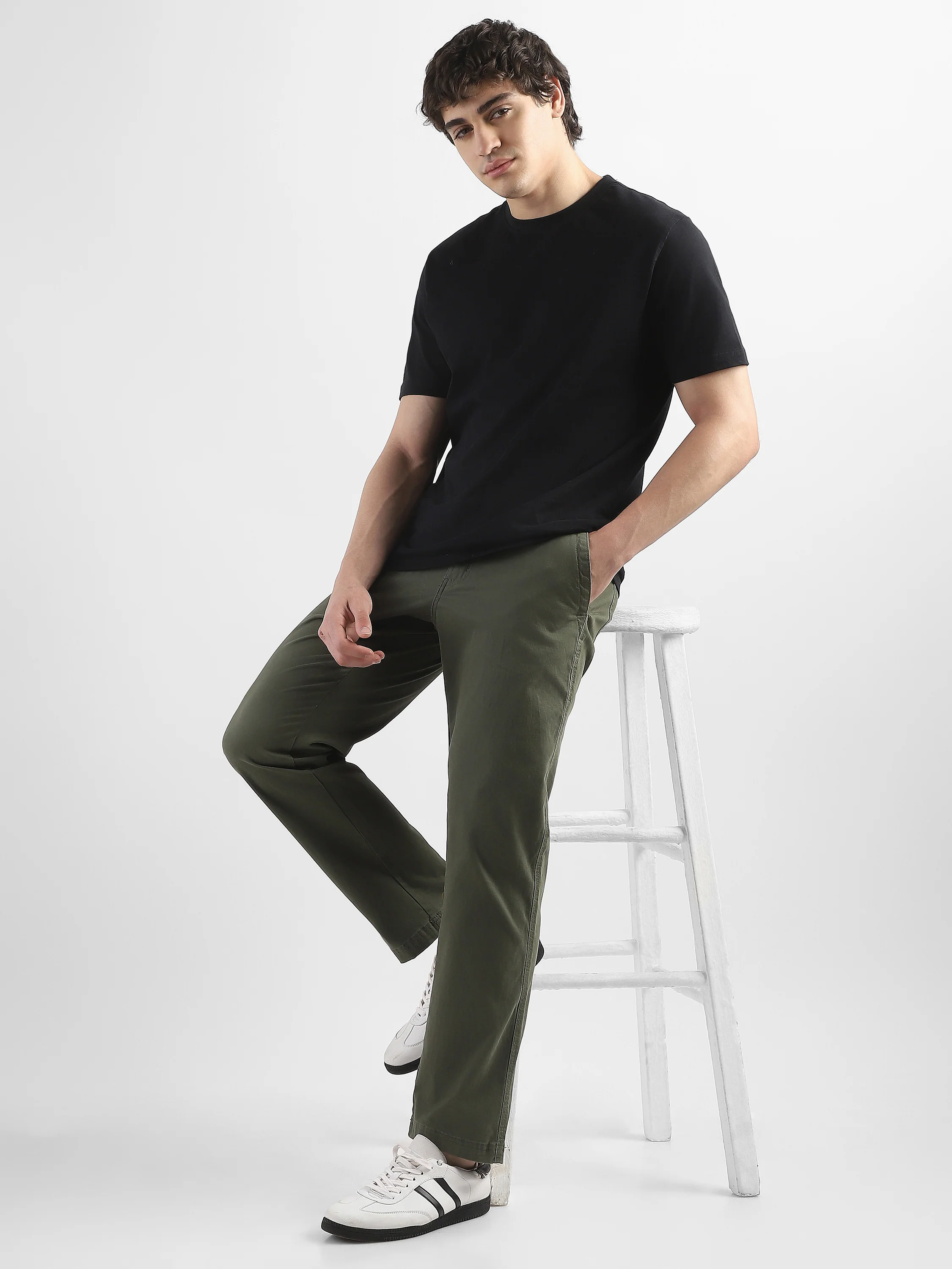 Men Olive Cotton Blend Formal Trousers - Image 2