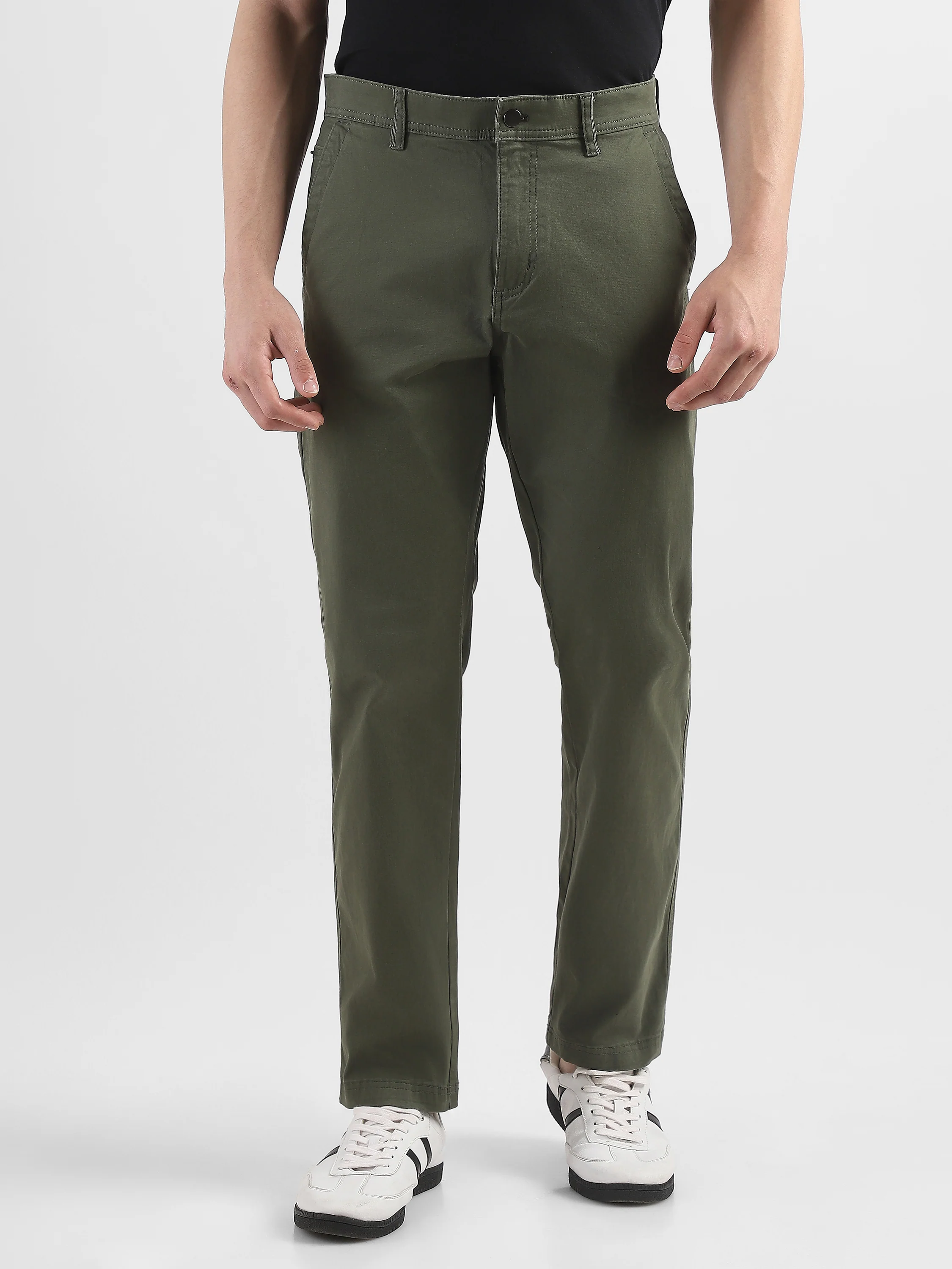 Men Olive Cotton Blend Formal Trousers - Image 3