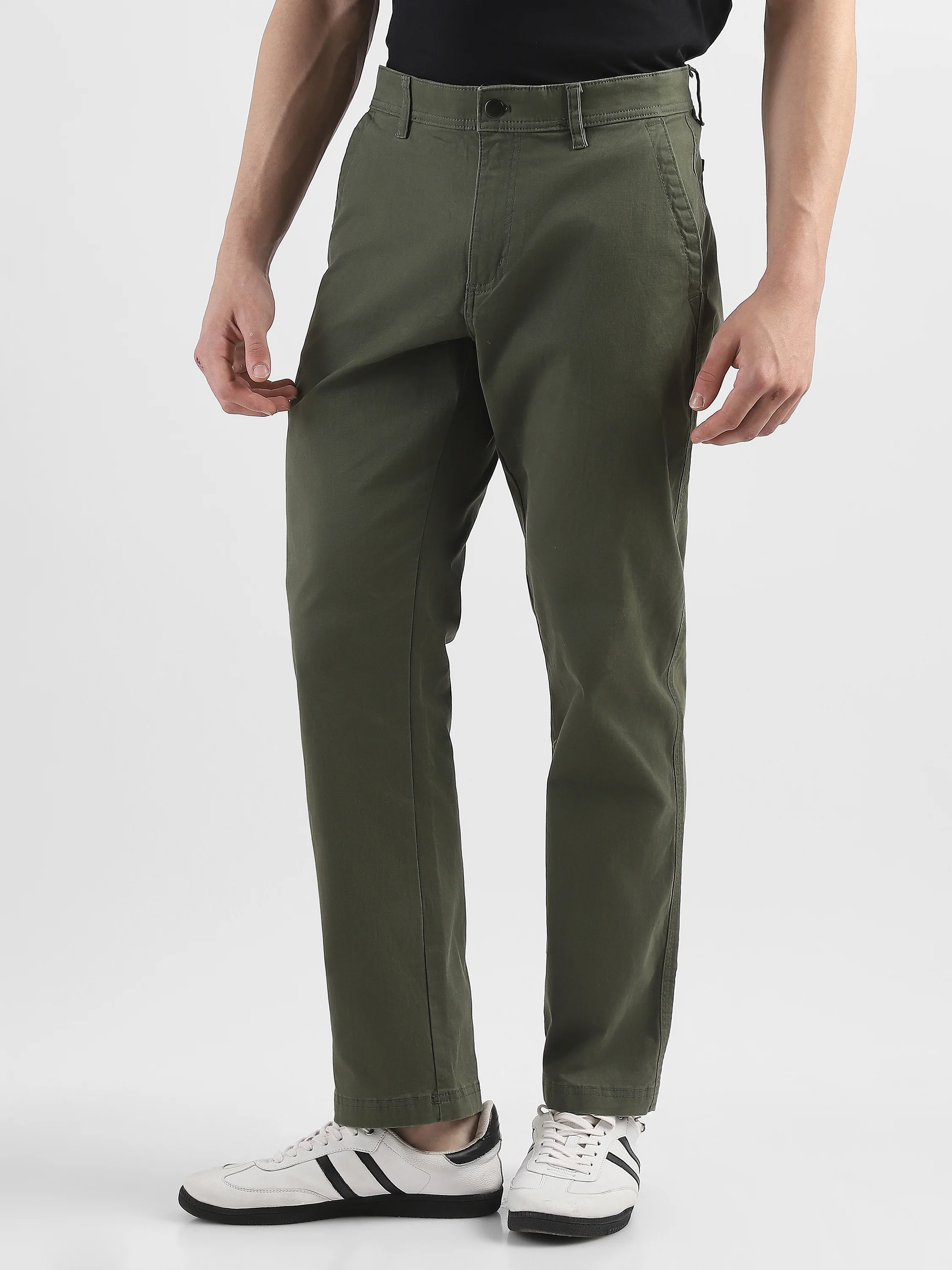 Men Olive Cotton Blend Formal Trousers - Image 5