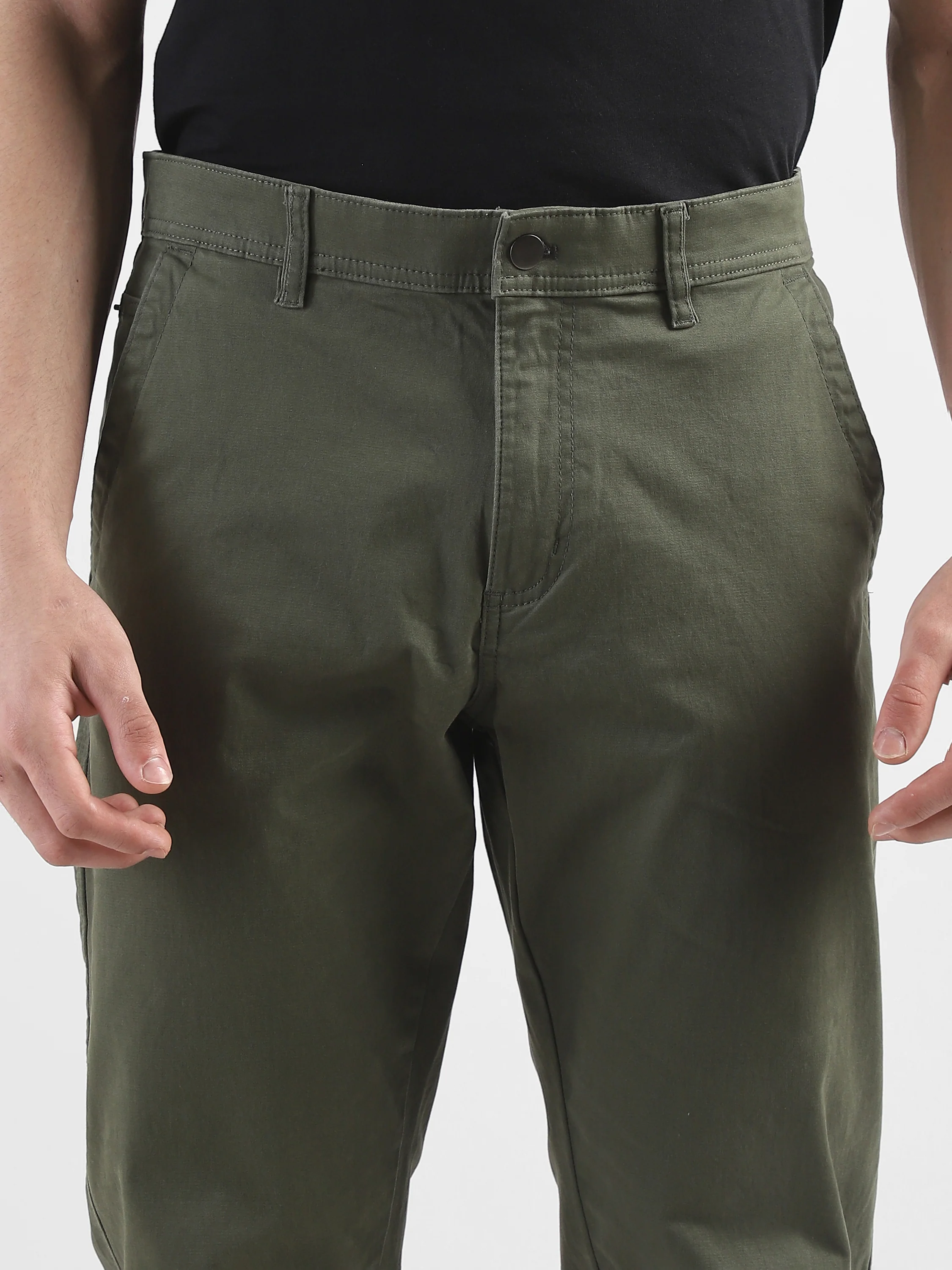 Men Olive Cotton Blend Formal Trousers - Image 6