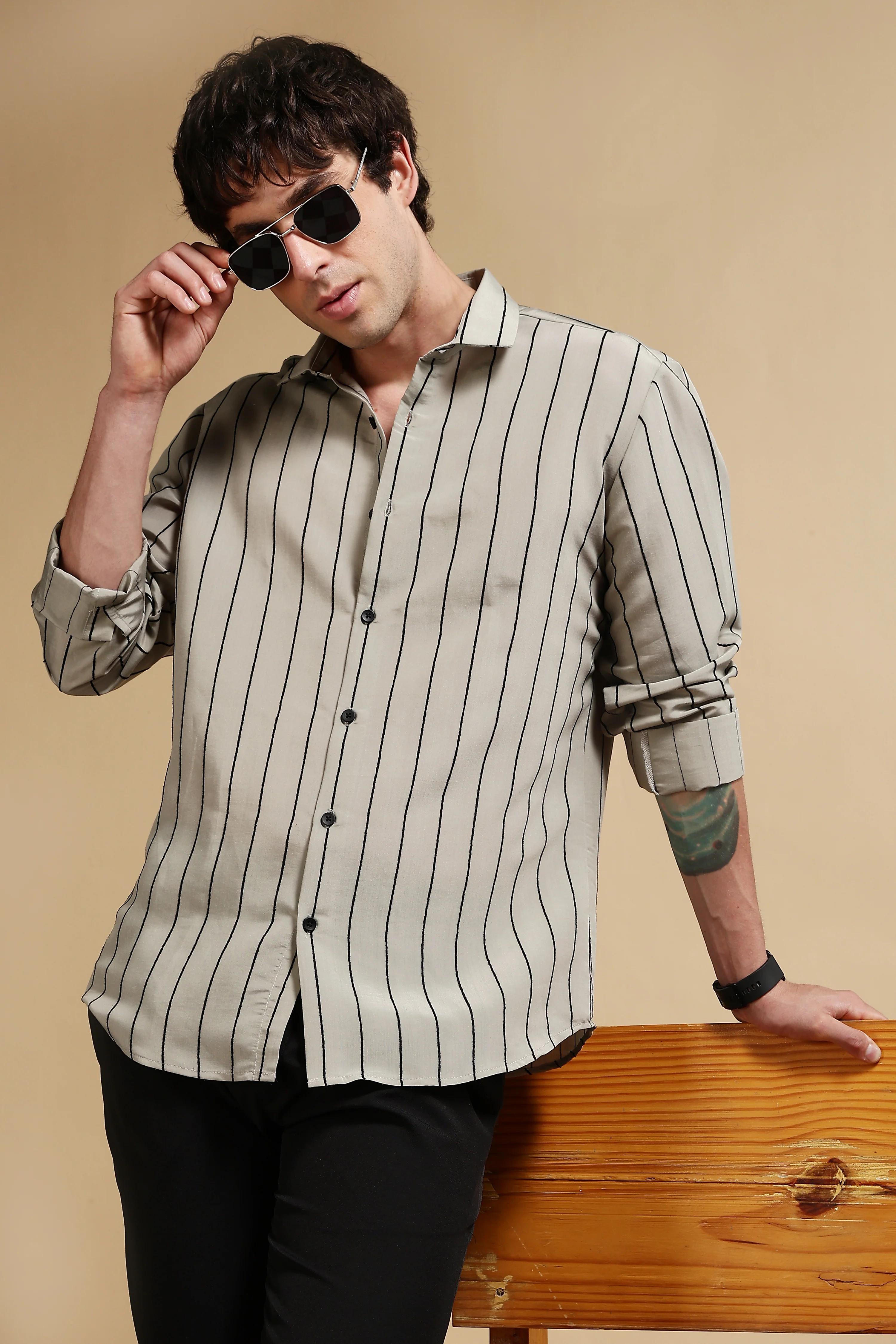 Men Olive Nylon Slim Fit Striped Shirt - Image 10