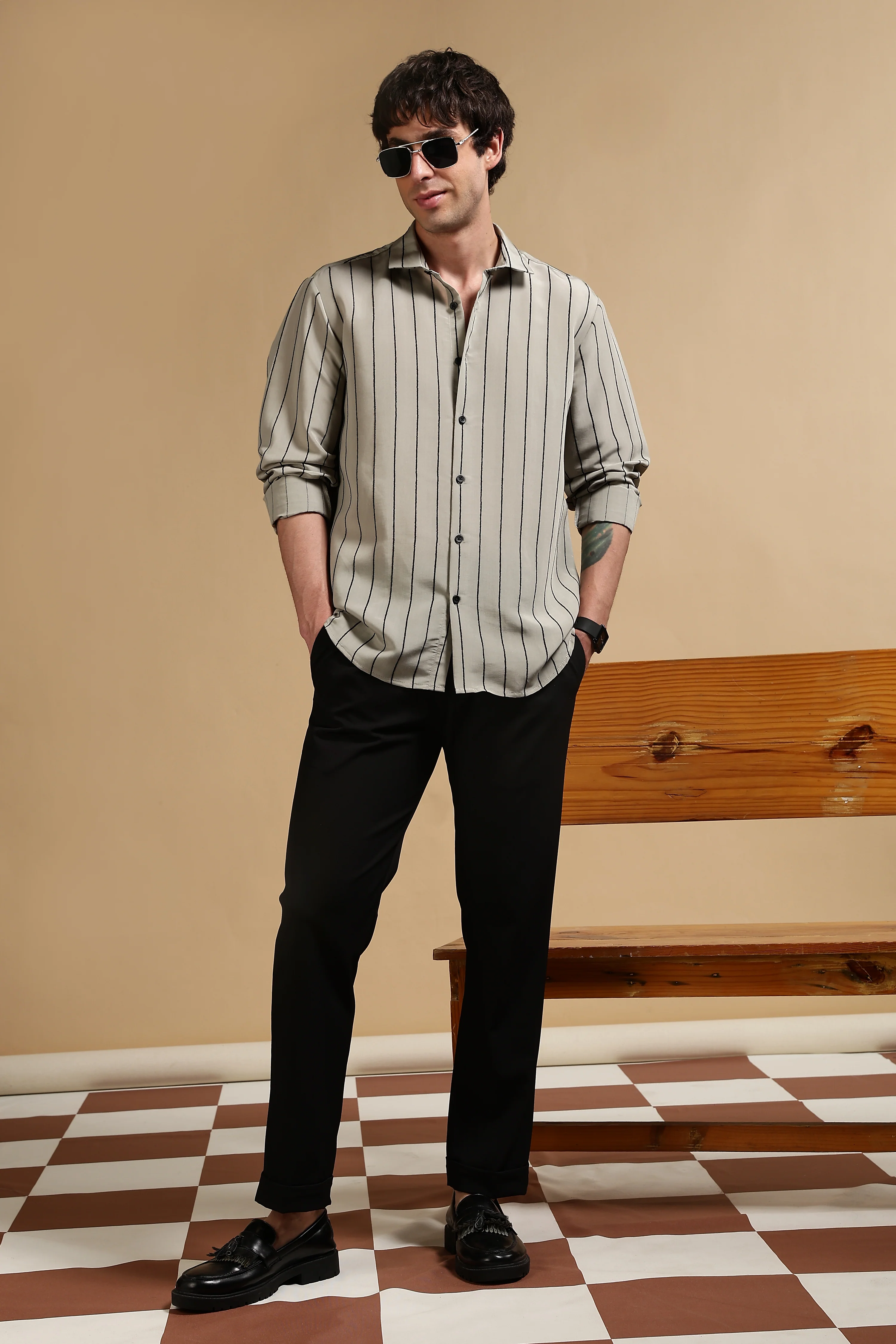 Men Olive Nylon Slim Fit Striped Shirt - Image 2