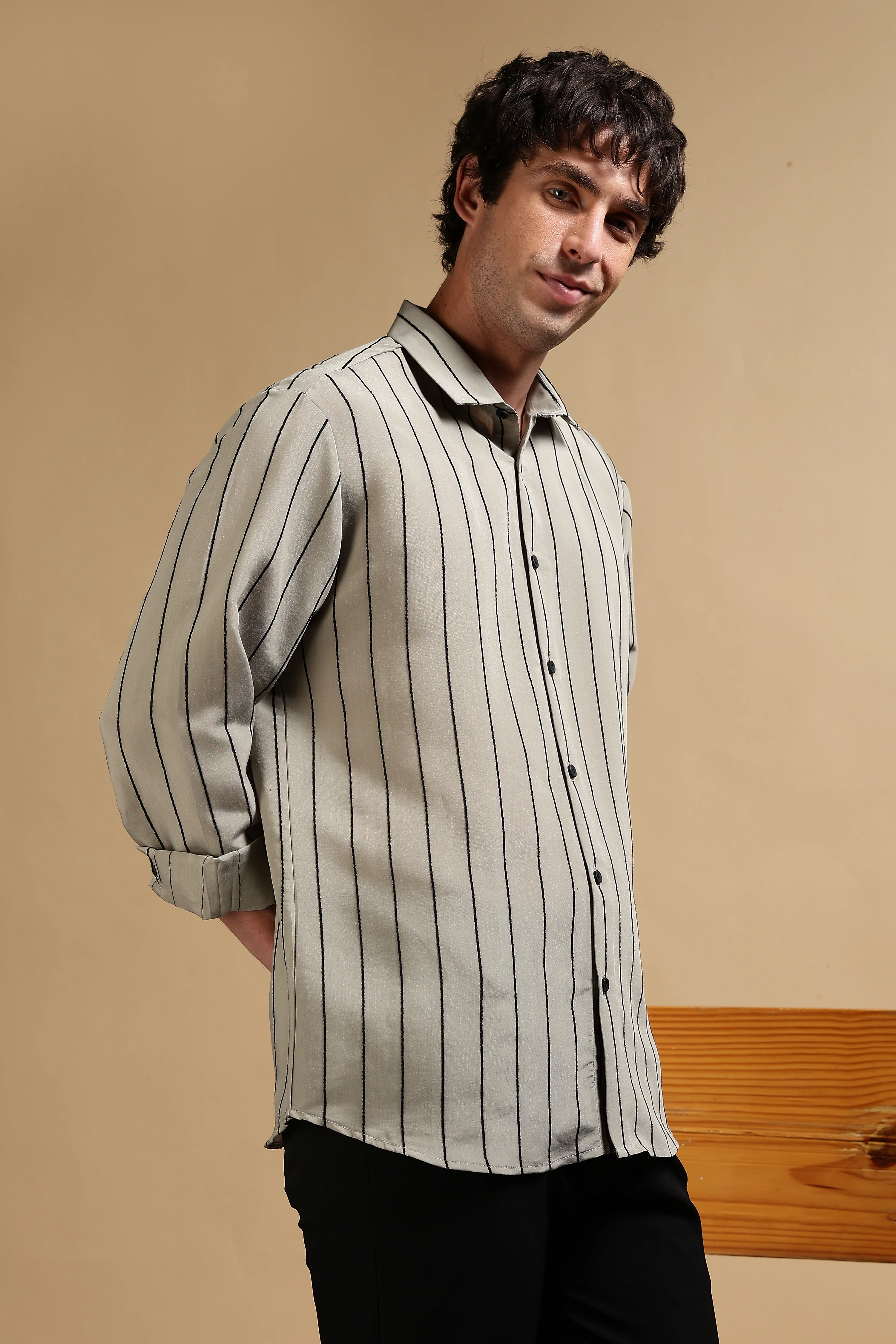 Men Olive Nylon Slim Fit Striped Shirt - Image 3