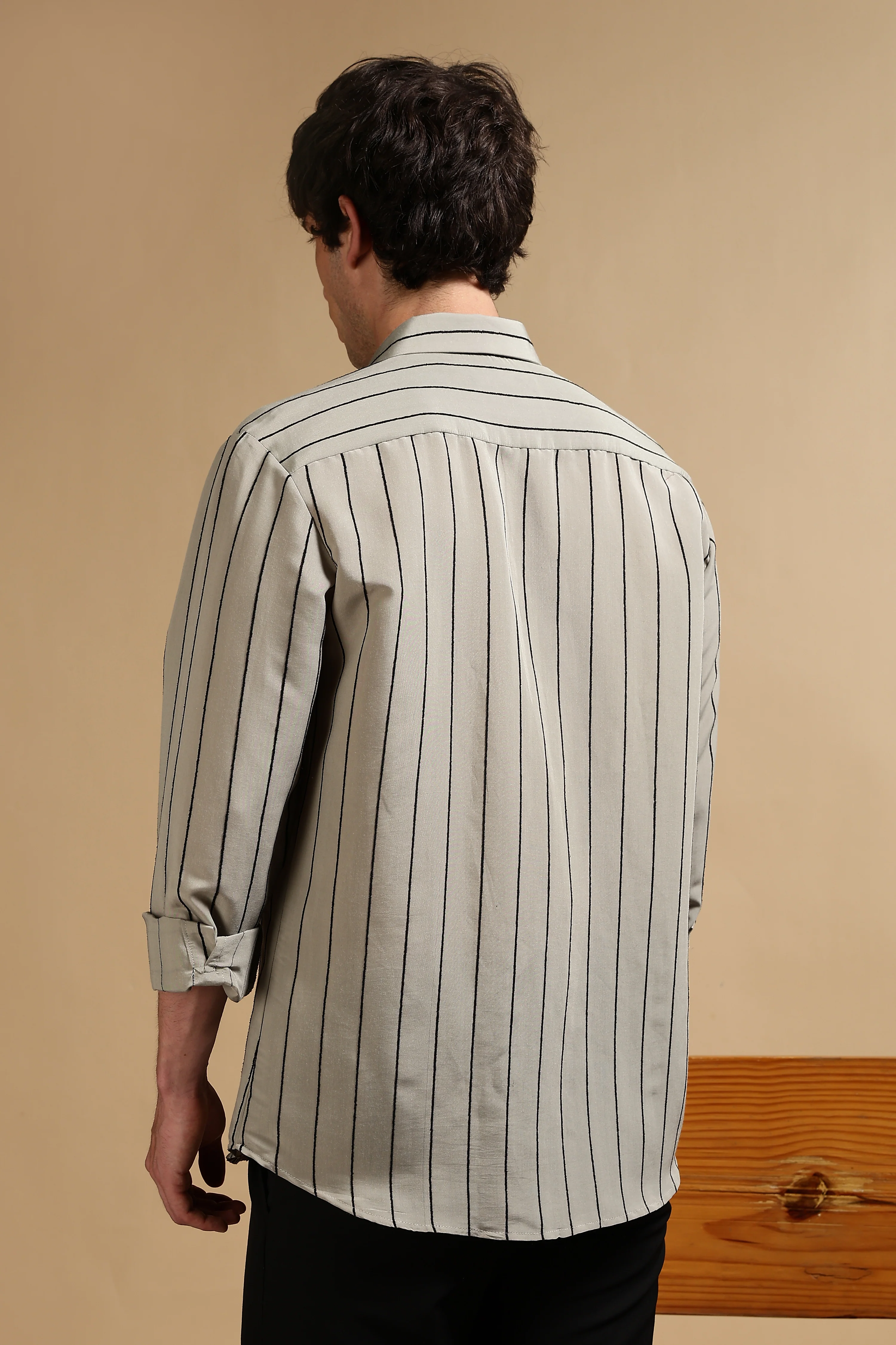 Men Olive Nylon Slim Fit Striped Shirt - Image 4