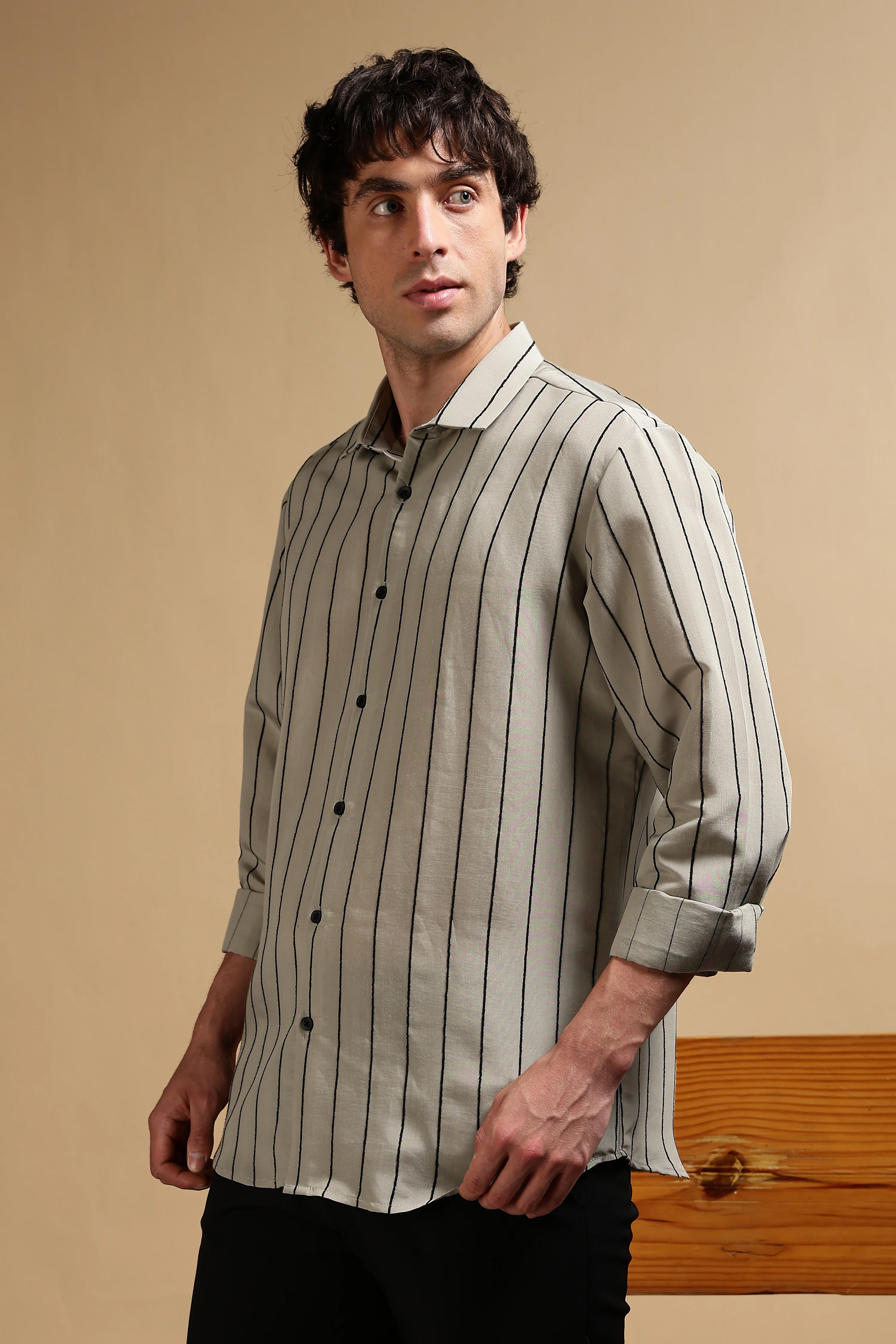 Men Olive Nylon Slim Fit Striped Shirt - Image 5