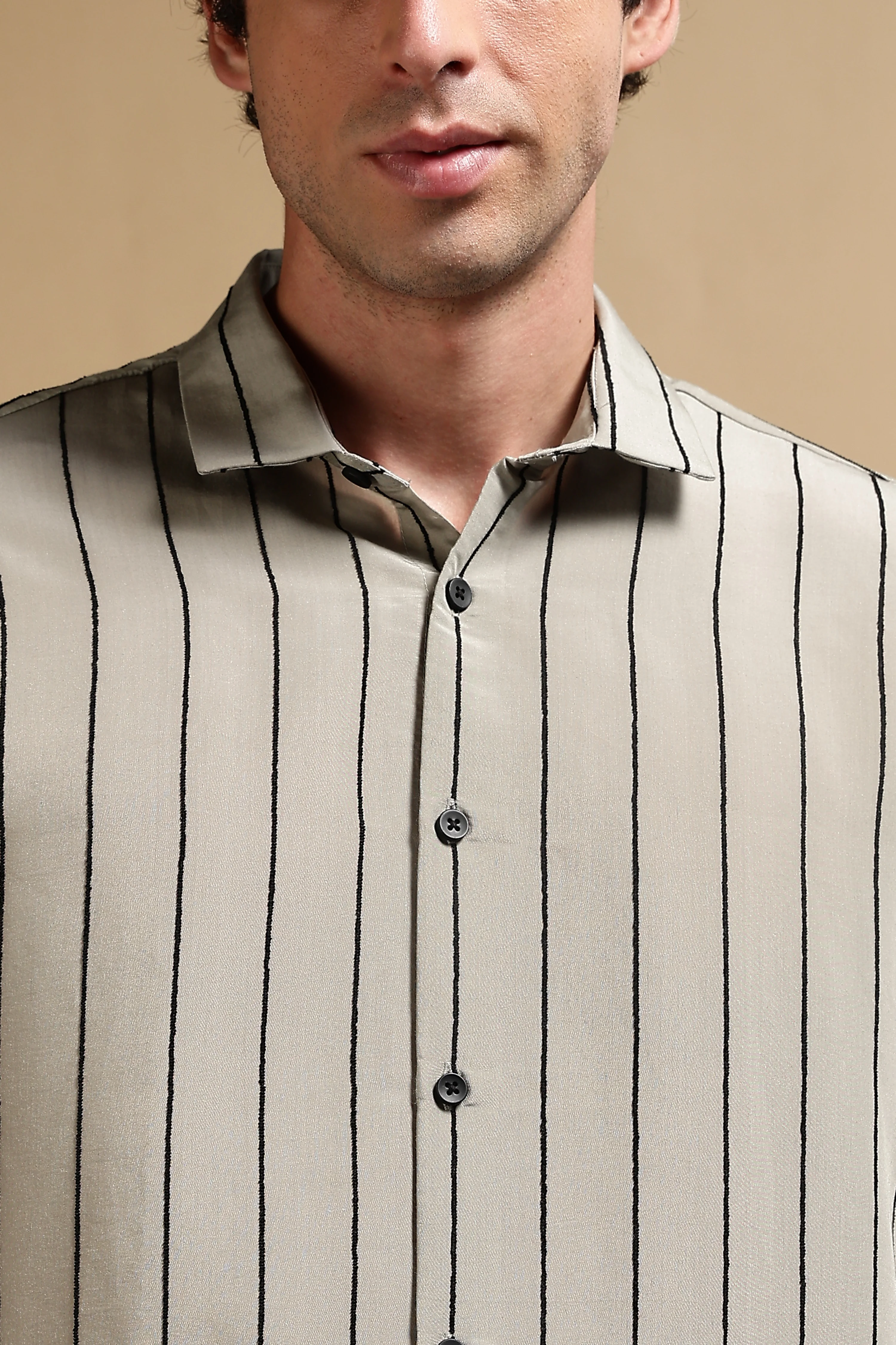 Men Olive Nylon Slim Fit Striped Shirt - Image 6