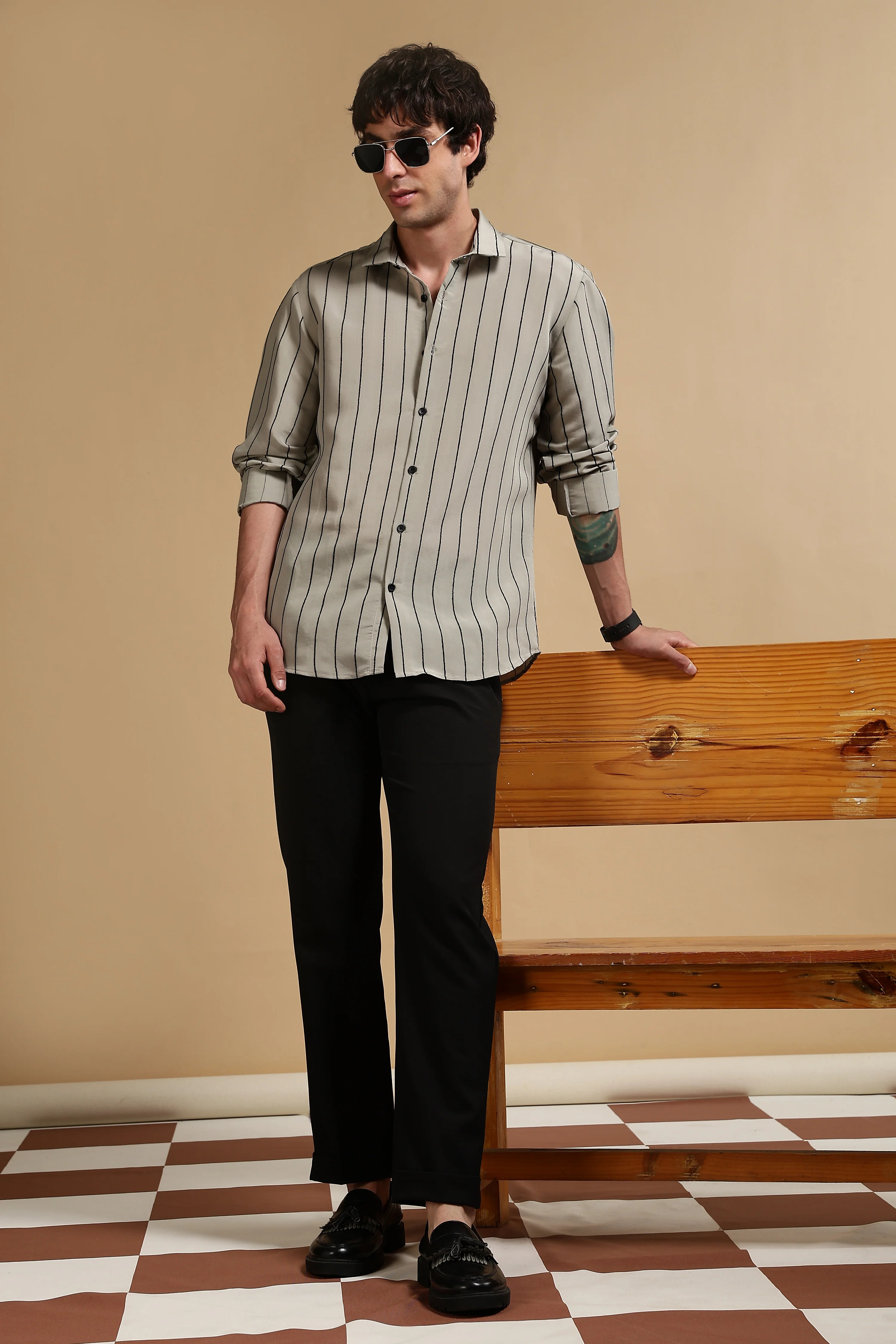 Men Olive Nylon Slim Fit Striped Shirt - Image 8